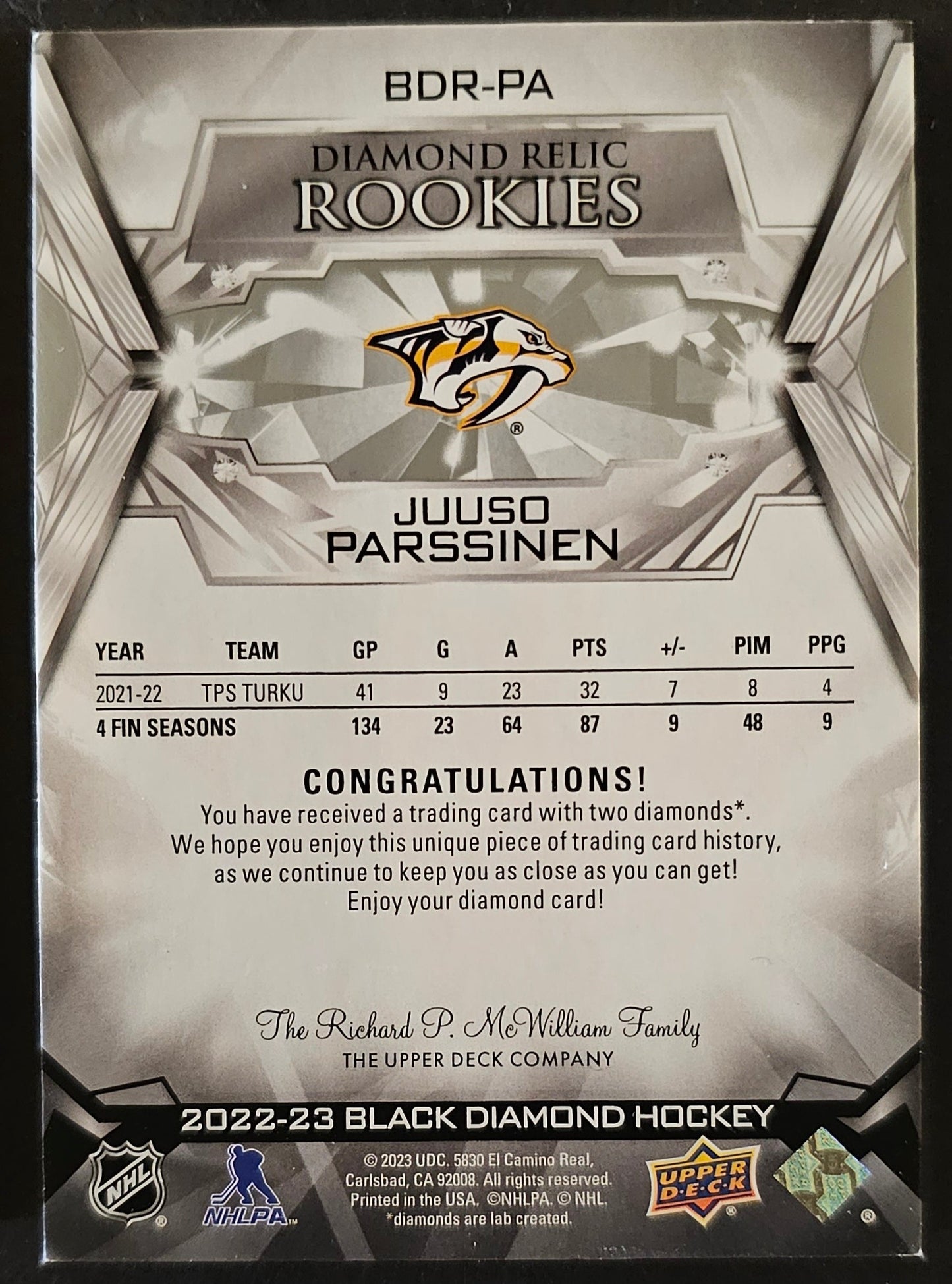 Juuso Parssinen Diamond Relic Rookies - Double Diamond /99 - 2022/23 Black Diamond