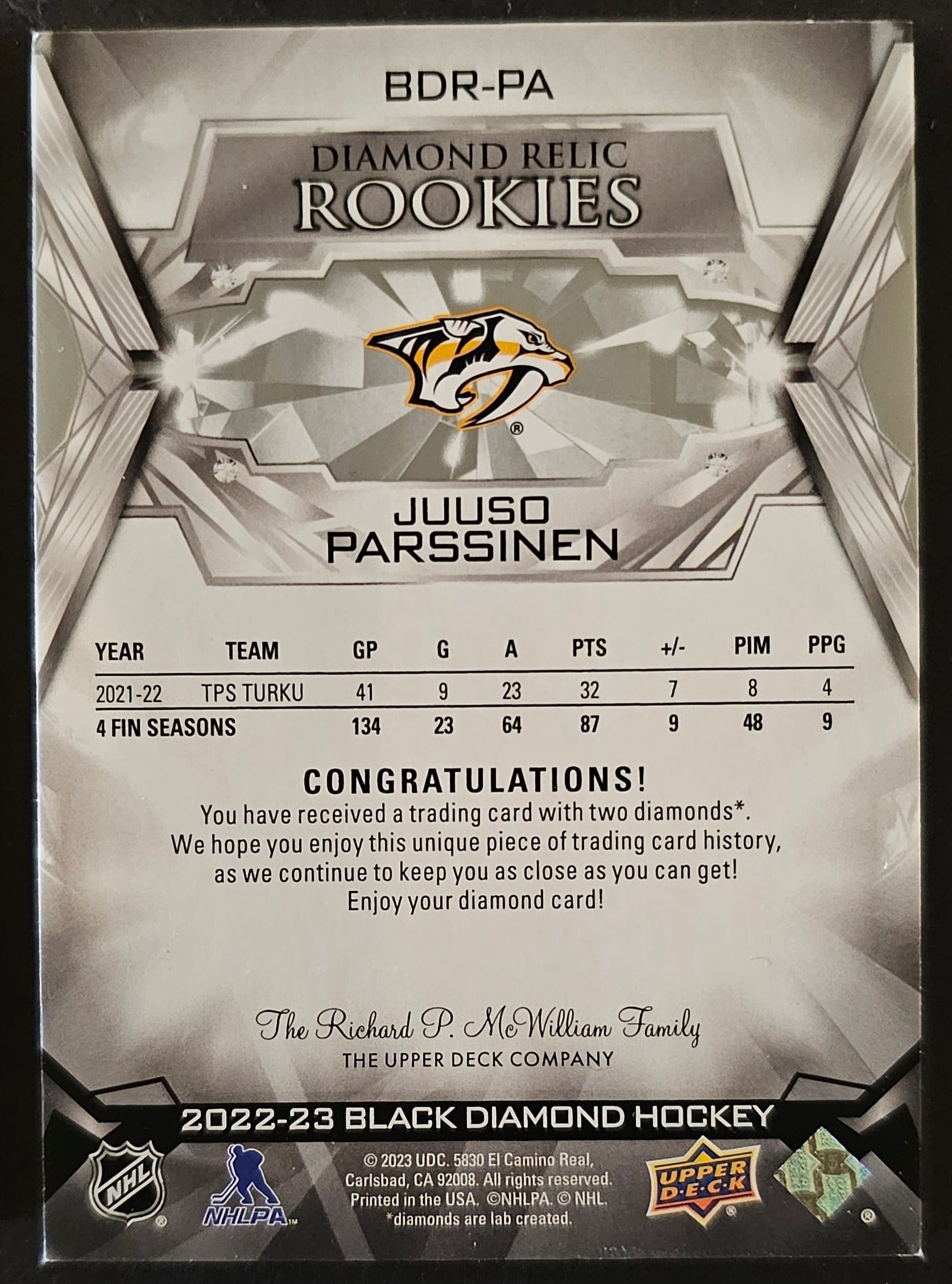 Juuso Parssinen Diamond Relic Rookies - Double Diamond /99 - 2022/23 Black Diamond