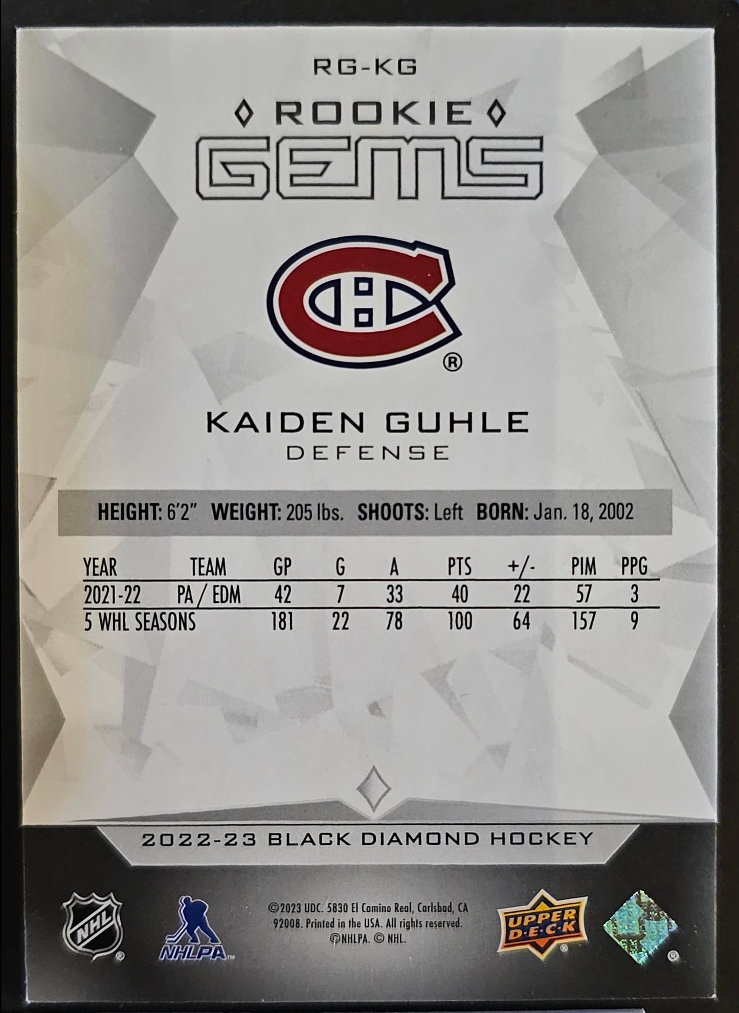 Kaiden Guhle Rookie Gems /399 - 2022/23 Black Diamond