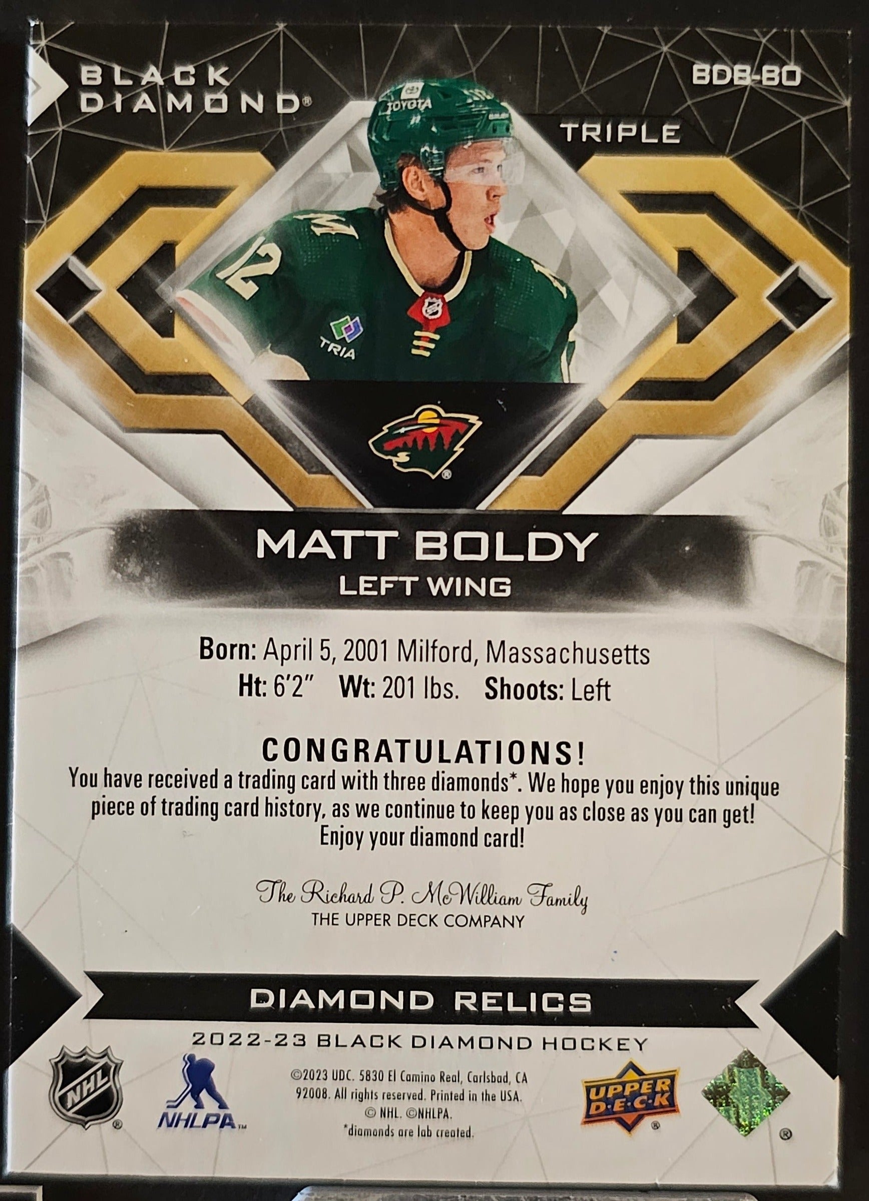 Matt Boldy Diamond Relics - Triple Diamond /5 - 2022/23 Black Diamond