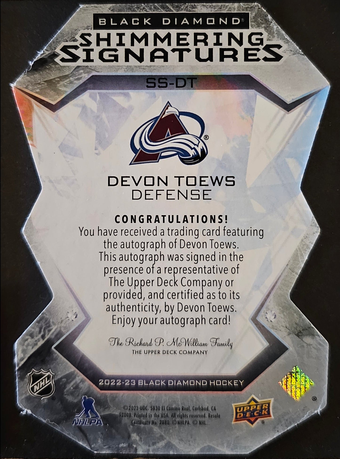 Devon Toews Shimmering Signatures Auto - Spectrum Parallel /25 - 2022/23 Black Diamond