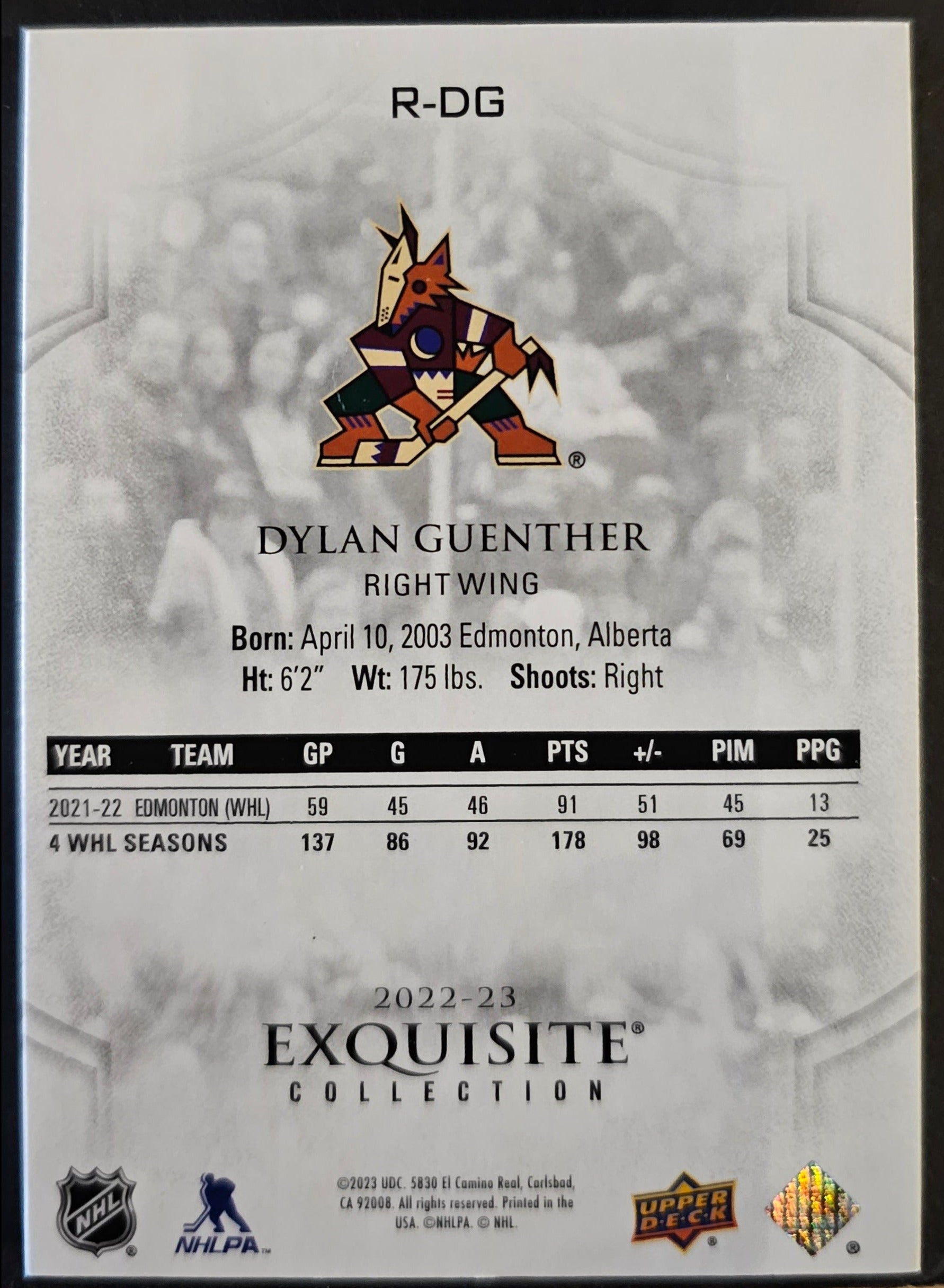 Dylan Guenther Exquisite Rookies Collection Gold /99 - 2022/23 Black Diamond