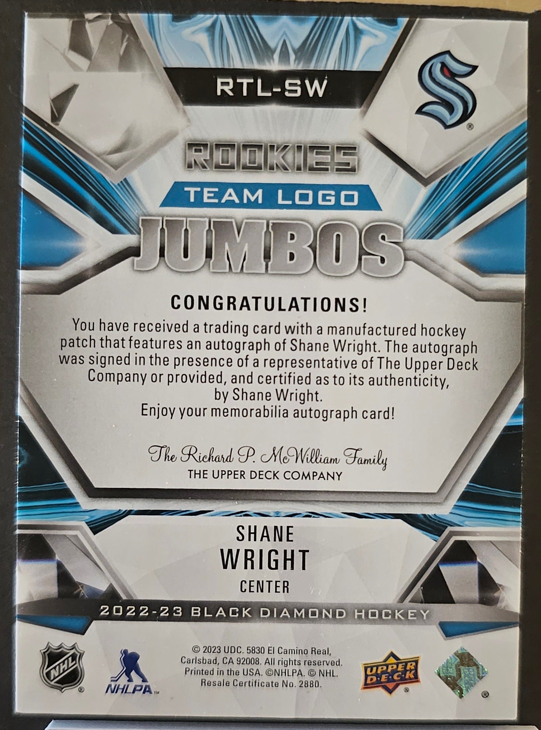 Shane Wright Rookies Team Logo Jumbos Auto /49 - 2022/23 Black Diamond