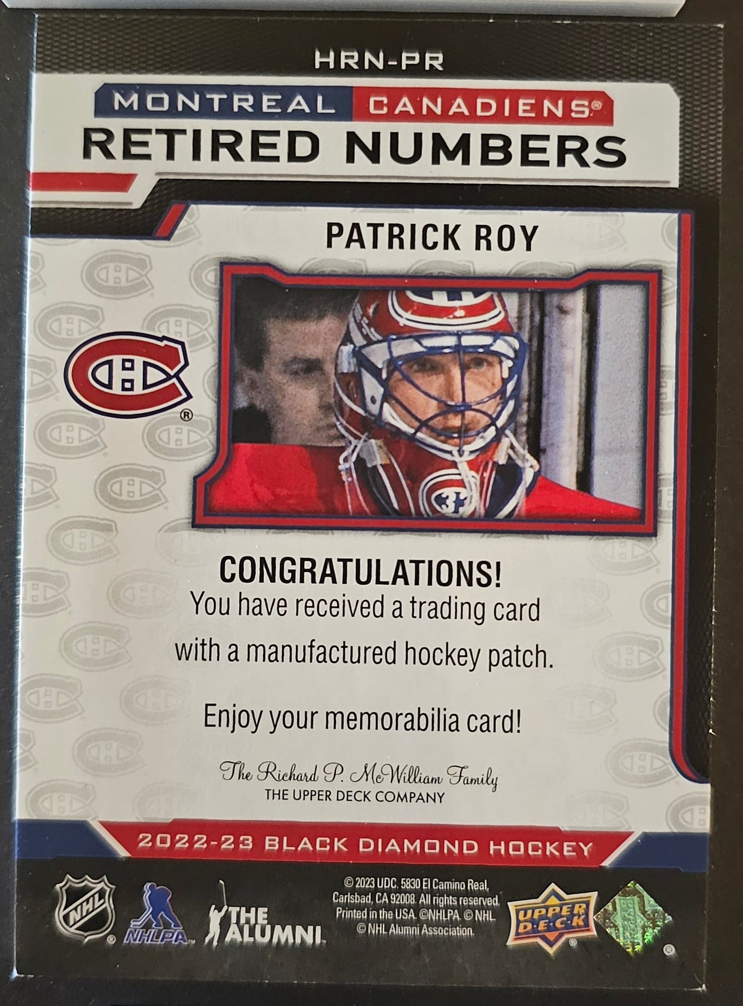 Patrick Roy Habs Retired Numbers Patches /99 - 2022/23 Black Diamond