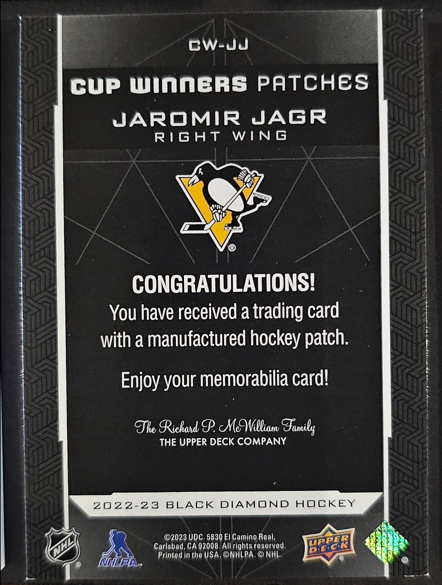 Jaromir Jagr Cup Winners Patches -  Penguins 1990/91 - 2022/23 Black Diamond