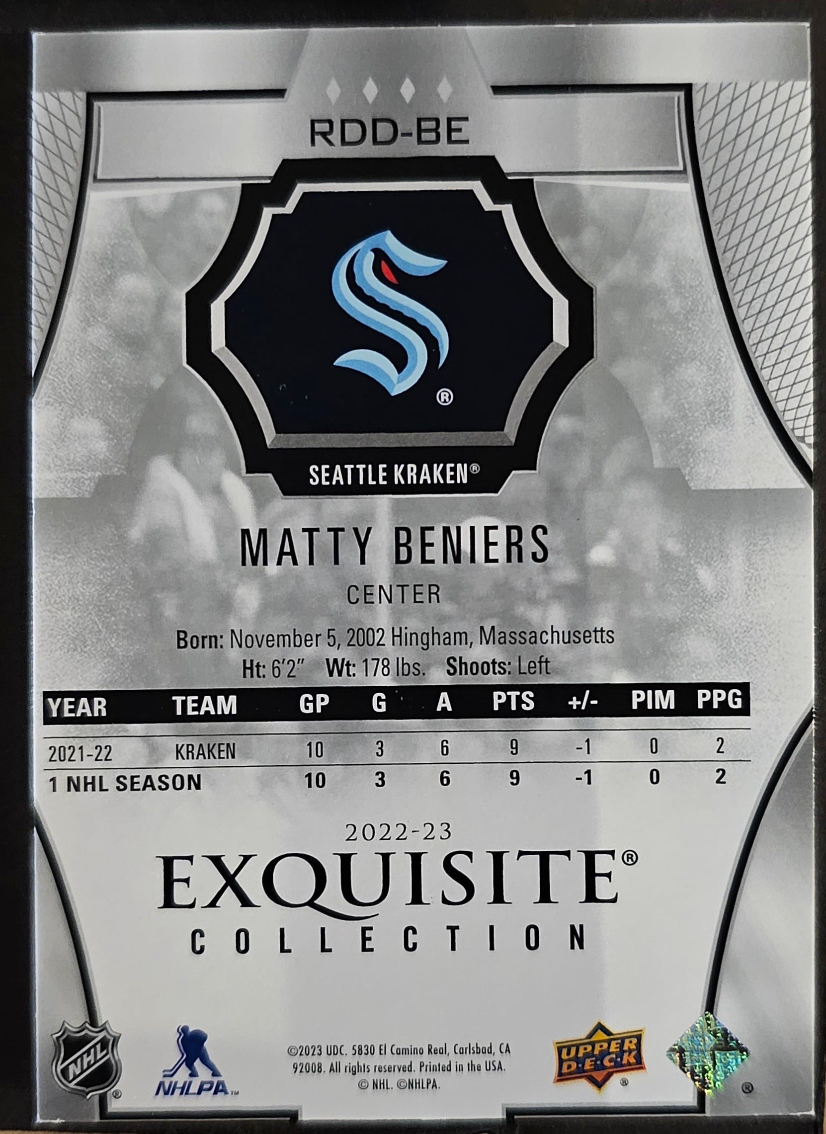 Matty Beniers Rookie Draft Day Exquisite Collection /349 - 2022/23 Black Diamond