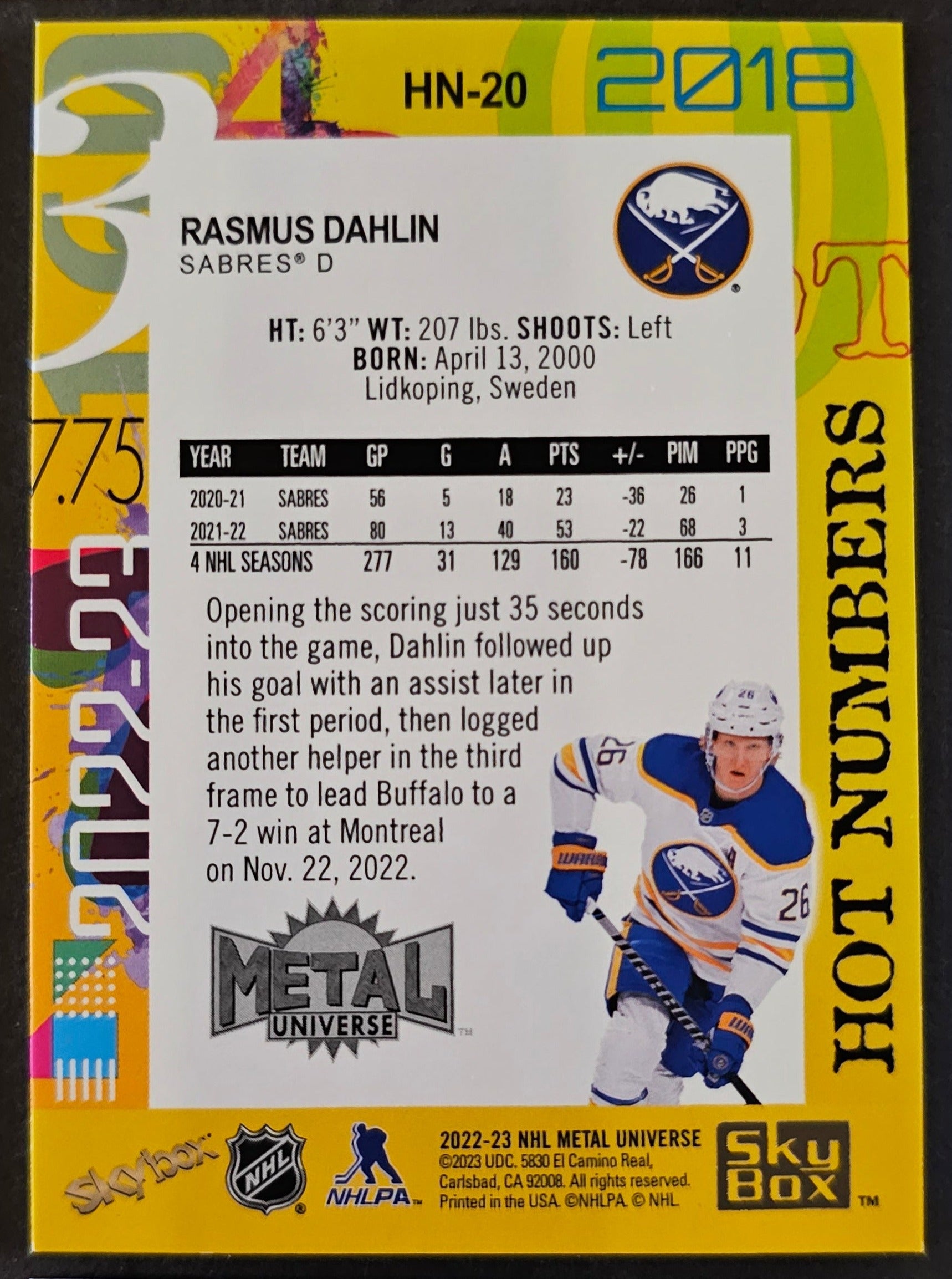 Rasmus Dahlin Hot Numbers Hologram - 2022/23 Skybox Metal Universe