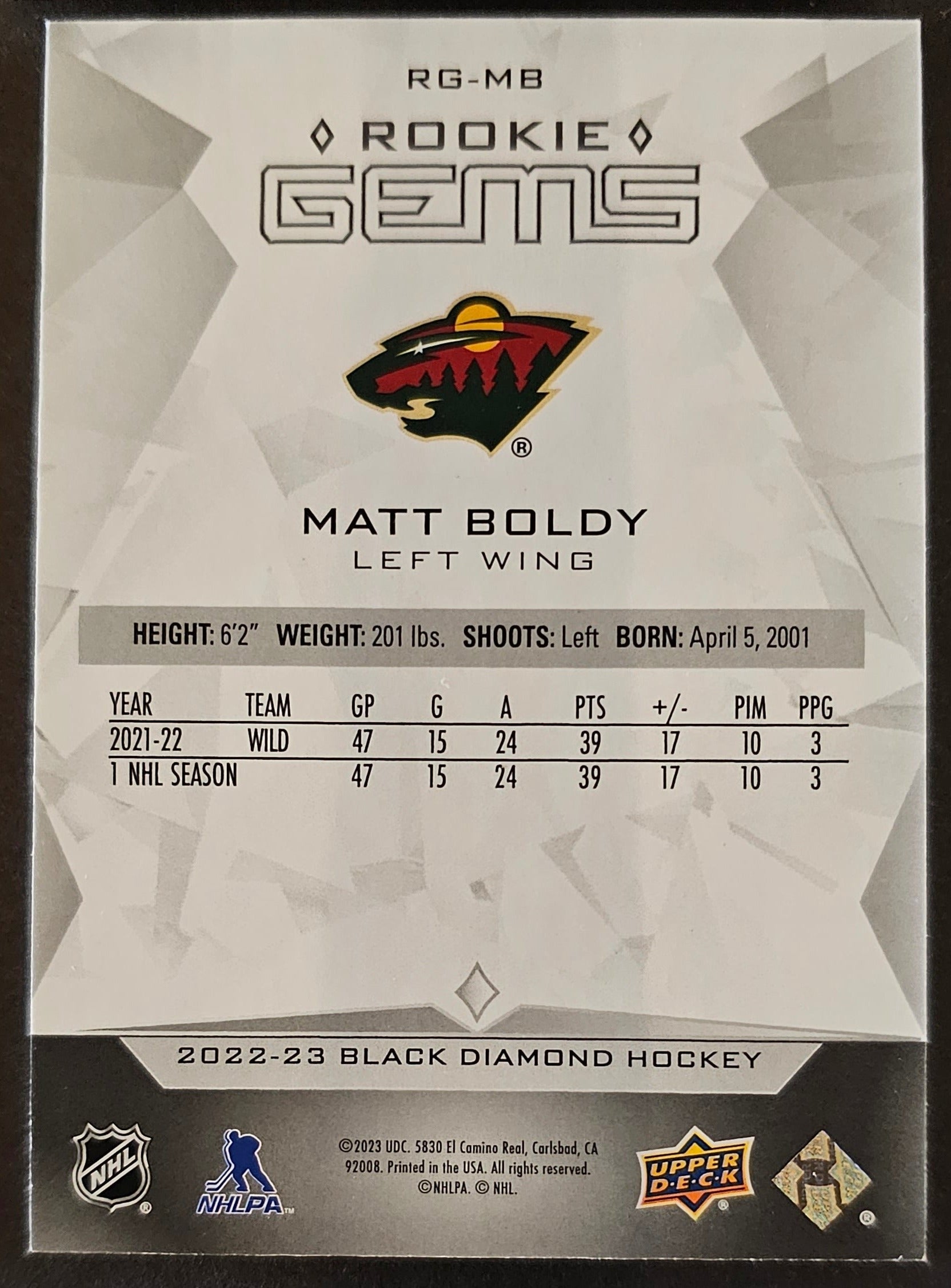 Matt Boldy Exquisite Collection Rookie /399 - 2022/23 Black Diamond