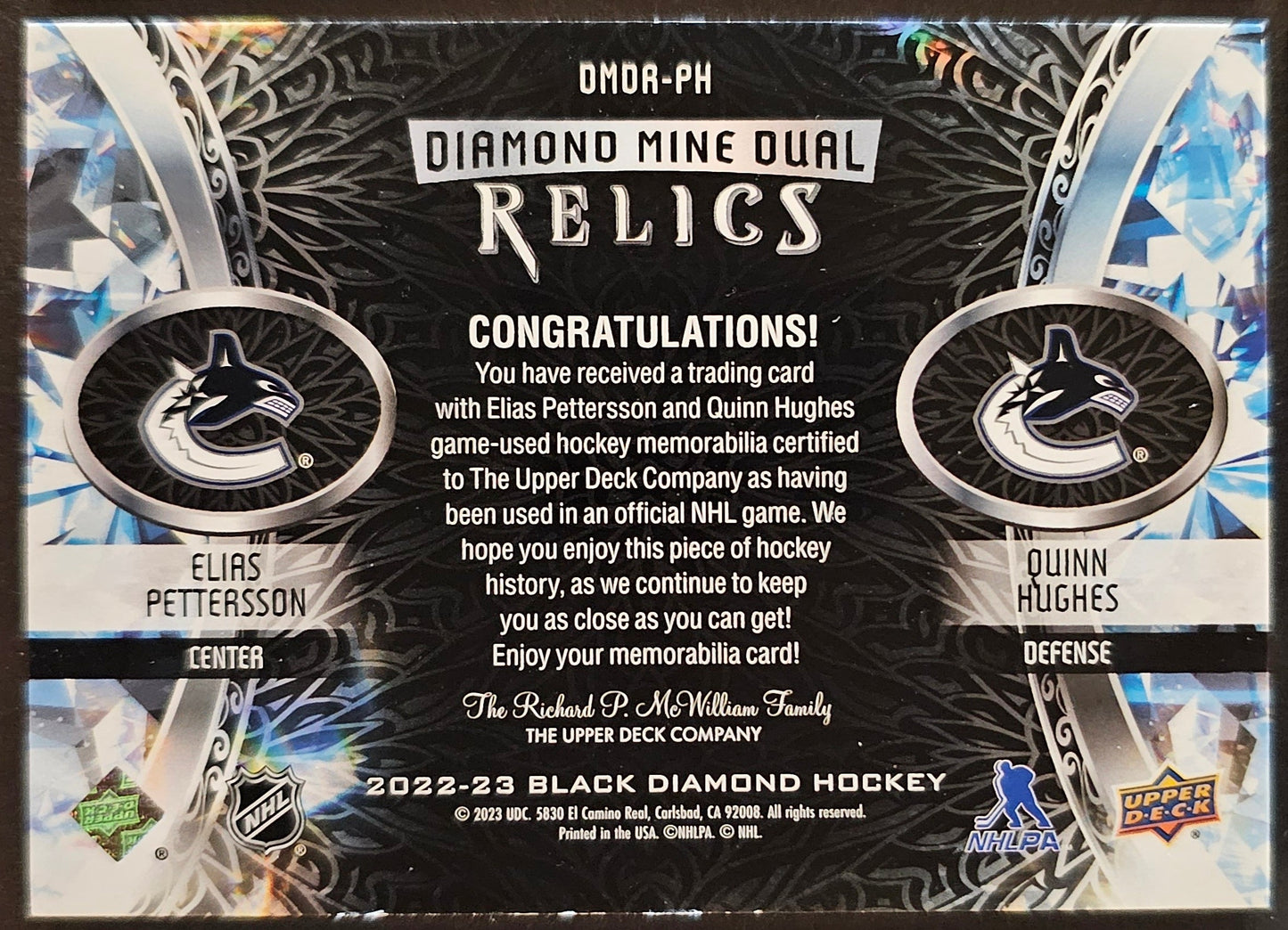 Pettersson/Hughes Diamond Mine Dual Relics Jersey - 2022/23 Black Diamond