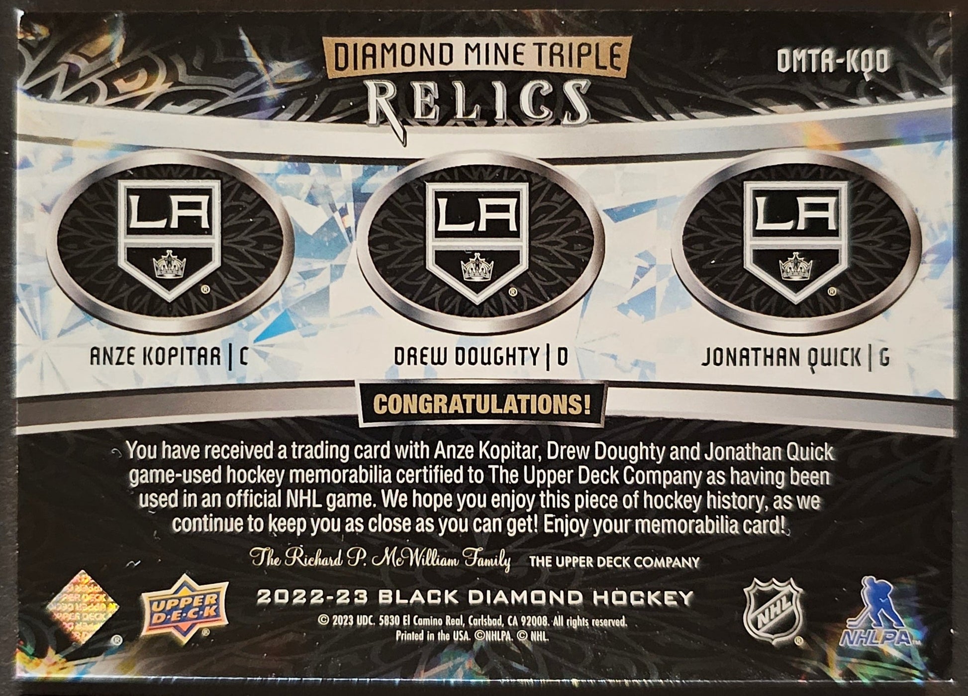 Kopitar/Doughty/Quick Diamond Mine Triple Relics Jersey - 2022/23 Black Diamond