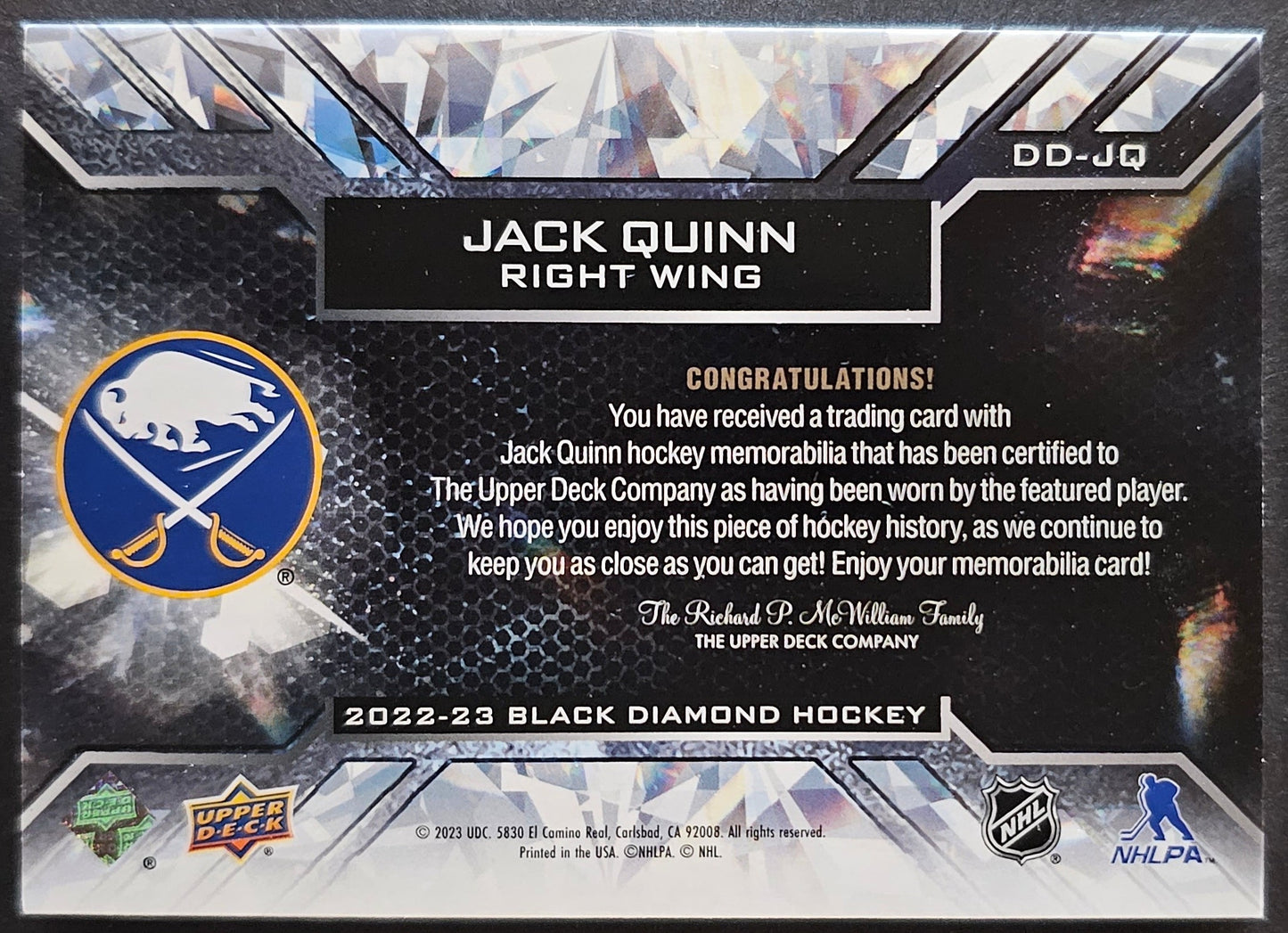 Jack Quinn Diamond Debut Relics Jersey - 2022/23 Black Diamond