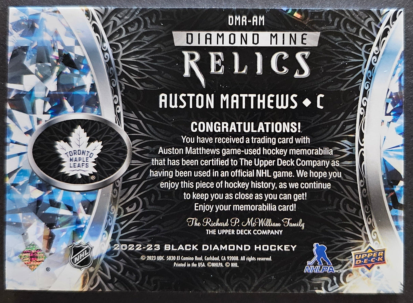 Auston Matthews Diamond Mine Relics Jersey - 2022/23 Black Diamond