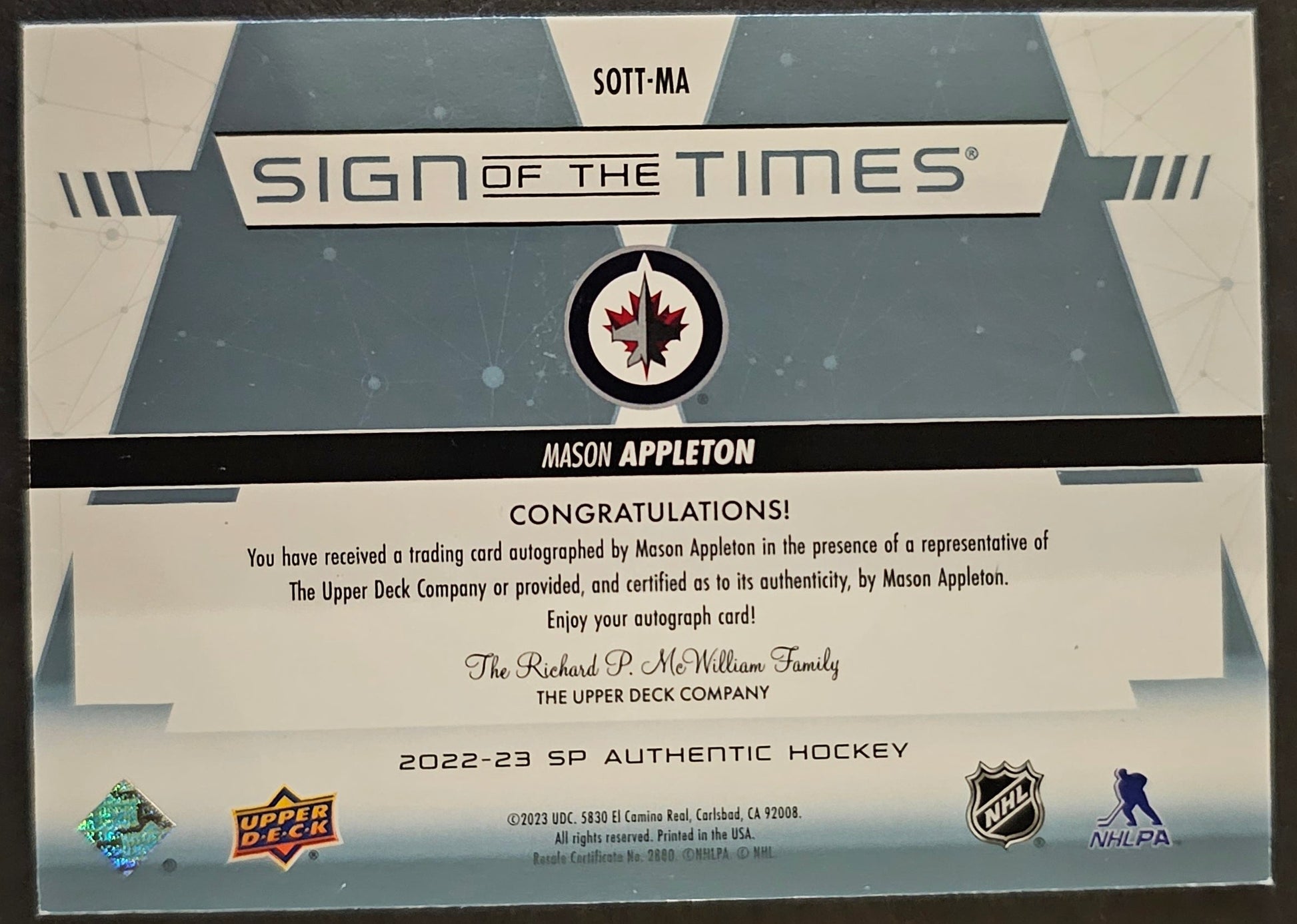 Mason Appleton Sign Of The Times Auto - 2022/23 SP Authentic