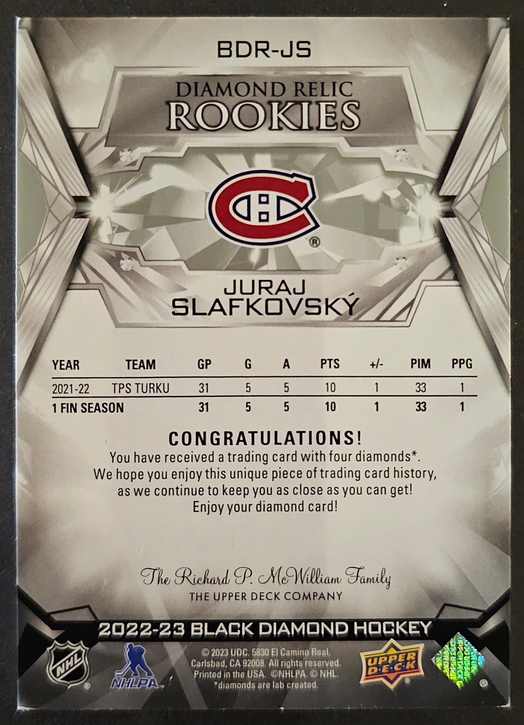 Juraj Slafkovsky Quad Diamond Relic Rookies /99 - 2022/23 Black Diamon ...