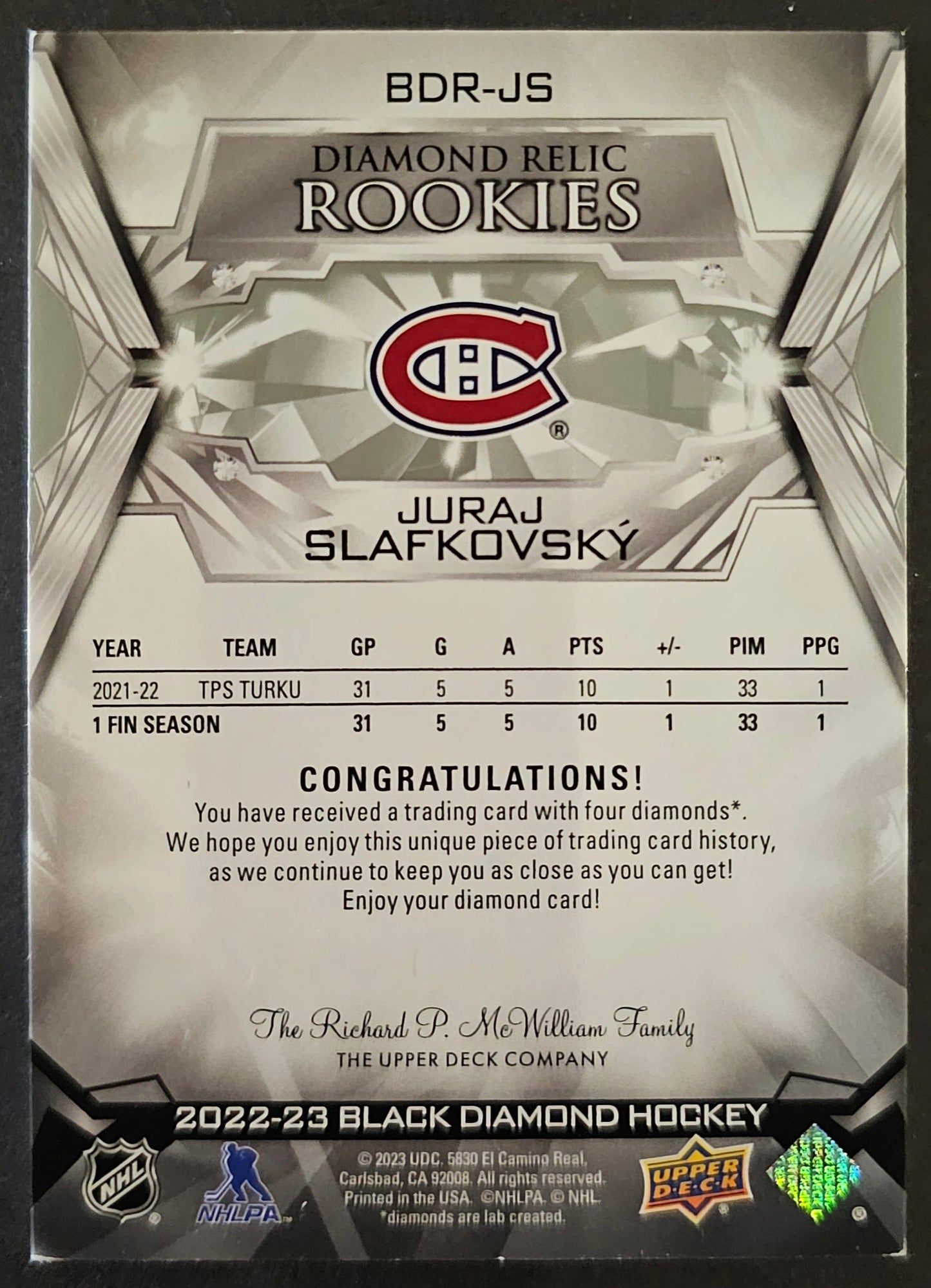 Juraj Slafkovsky Quad Diamond Relic Rookies /99 - 2022/23 Black Diamond