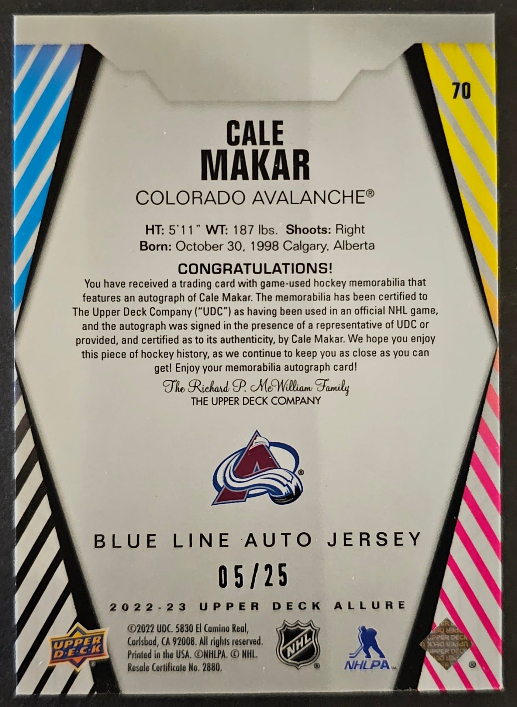 Cale Makar Blue Line Auto Jersey - 2022/23 Allure