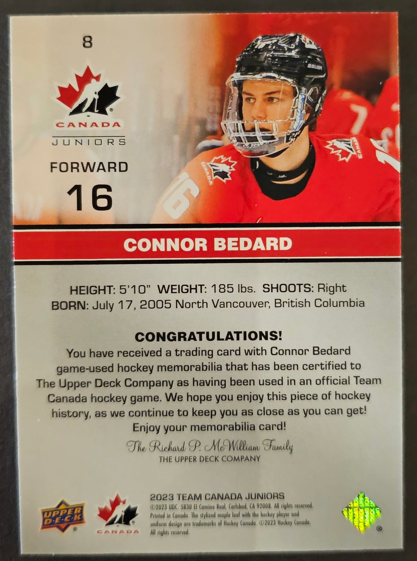 Connor Bedard Team Canada Jersey - 2023 Team Canada Juniors