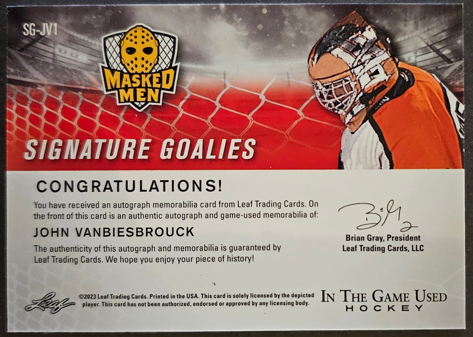 John Vanbiesbrouck Masked Men Signature Goalies Auto 1/2 - 2022/23 Leaf In The Game Used