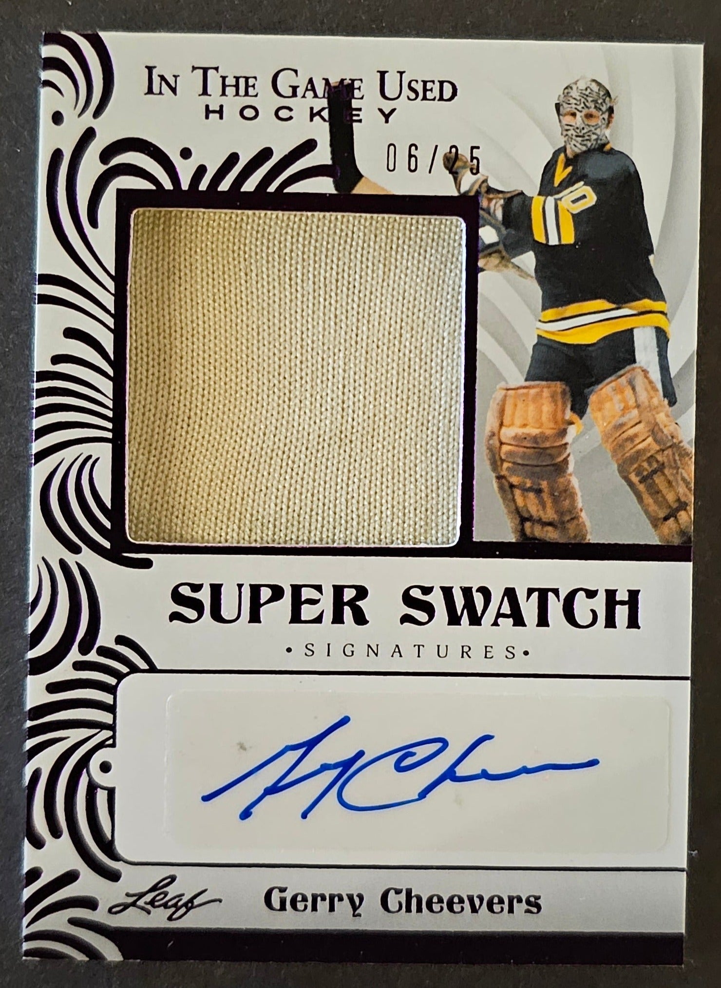 Gerry Cheevers Super Swatch Signatures Auto /25 - 2022/23 Leaf In The Game Used