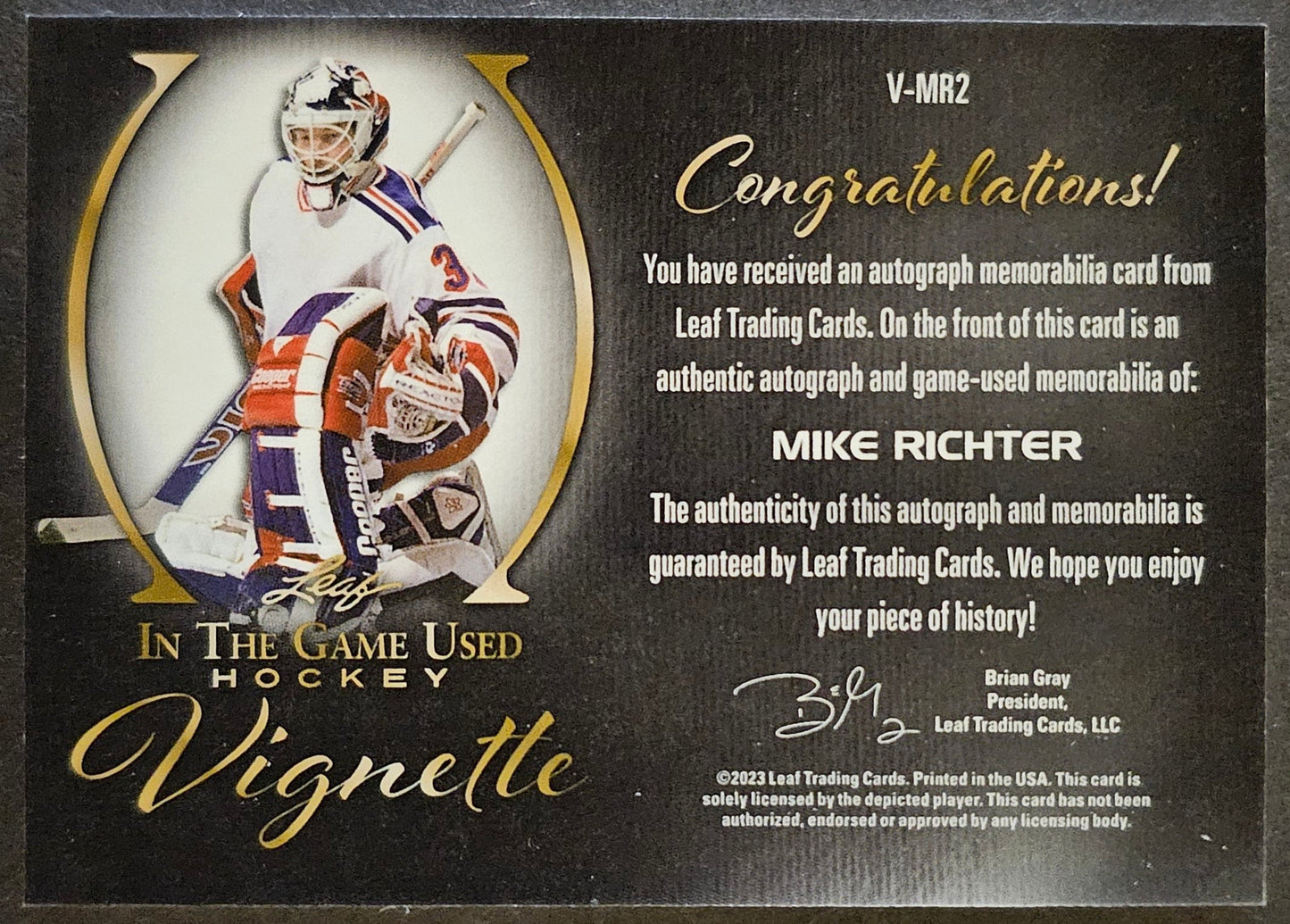 Mike Richter Vignette Jersey Auto /9 - 2022/23 Leaf In The Game Used