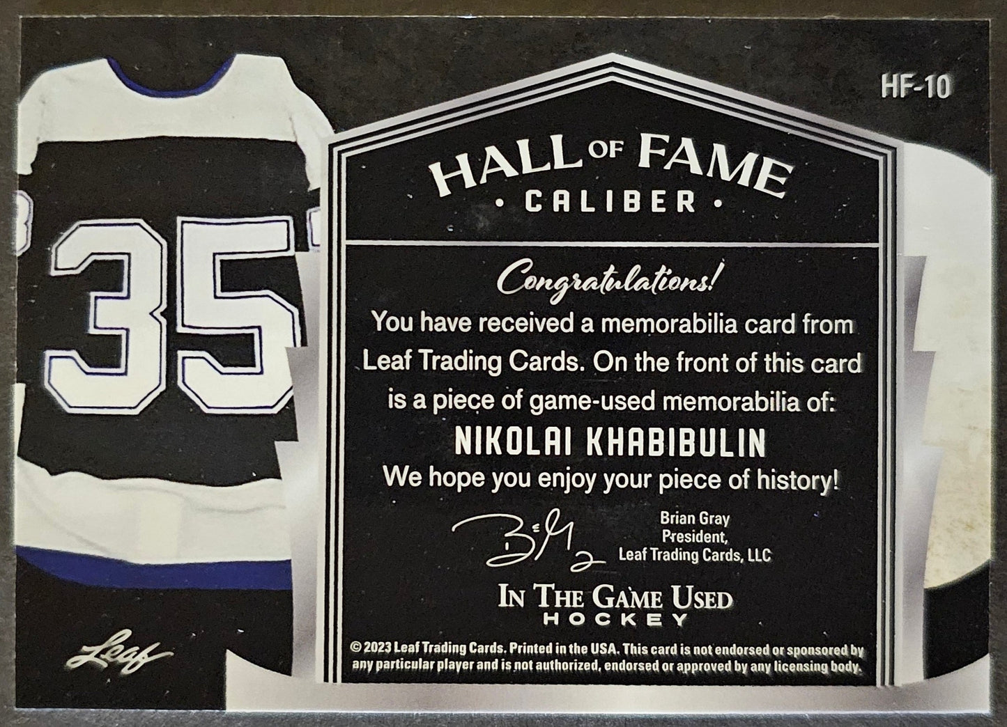 Nikolai Khabibulin Hall Of Fame Caliber Jersey /9 - 2022/23 Leaf In The Game Used