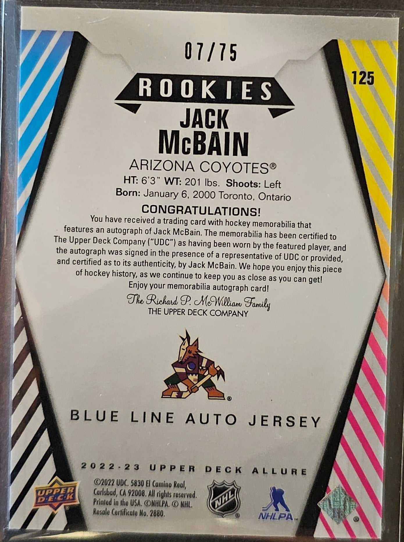 Jack McBain Blue Line Rookie Jersey Auto /75 - 2022/23 Allure 