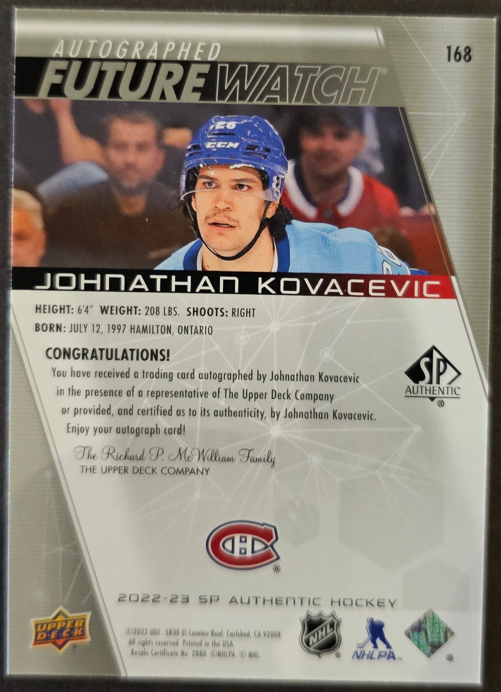 Johnathan Kovacevic Future Watch Auto /999 - 2022/23 SP Authentic