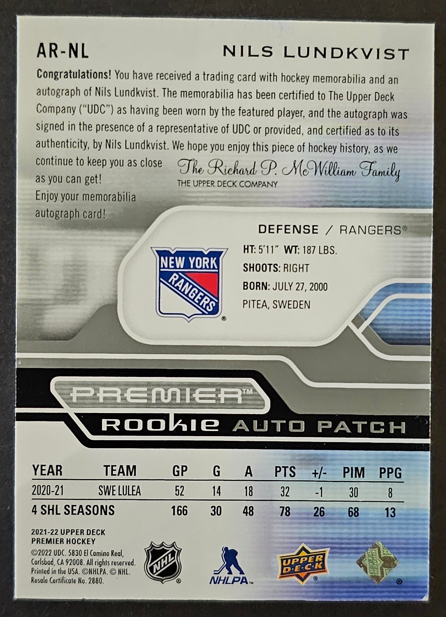 Nils Lundkvist Premier Rookie Auto Patch /249 - 2021/22 Premier