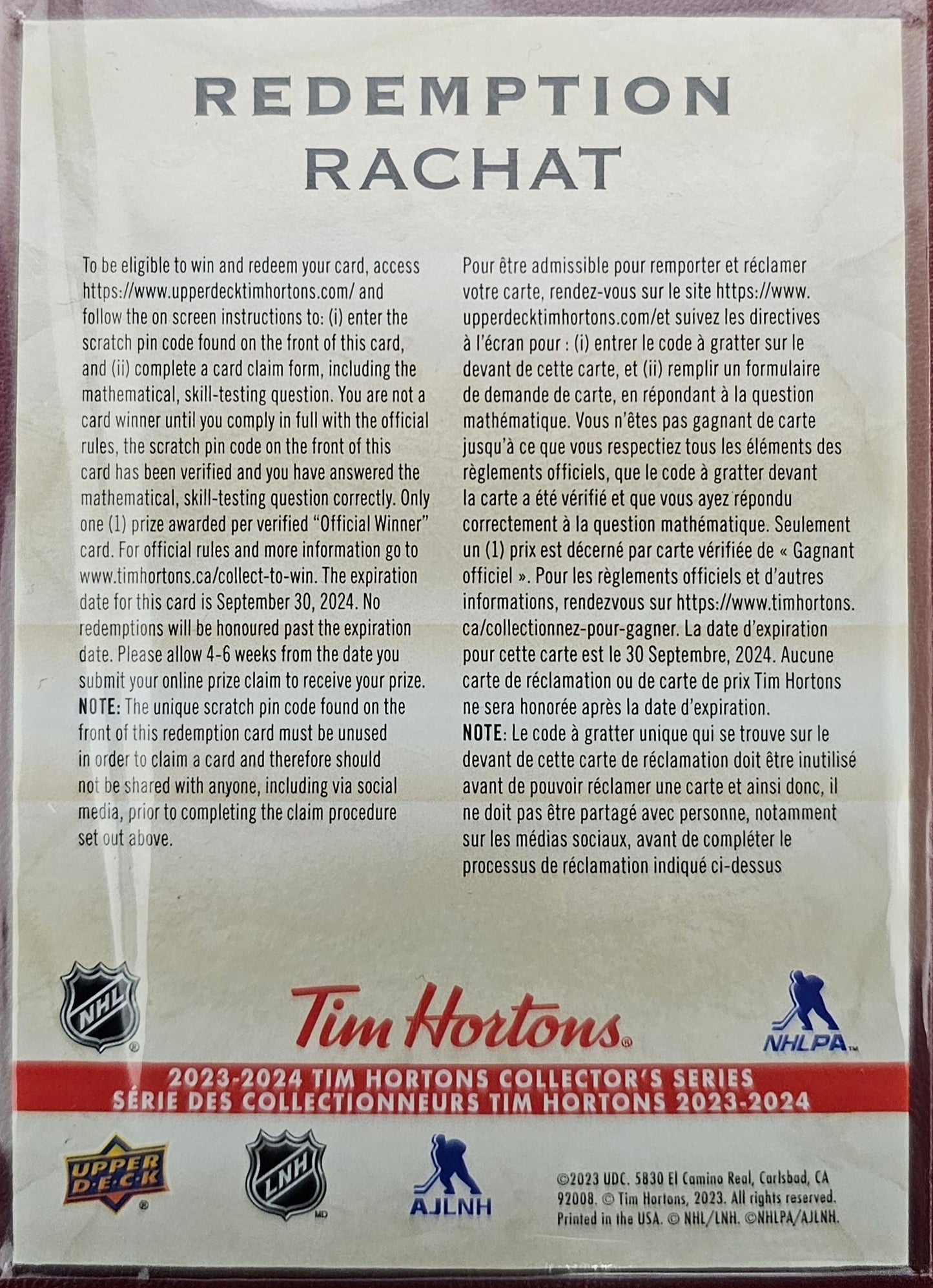 Top Draft Pick Redemption - Connor Bedard Unscratched Redemption - 2023/24 Tim Horton's