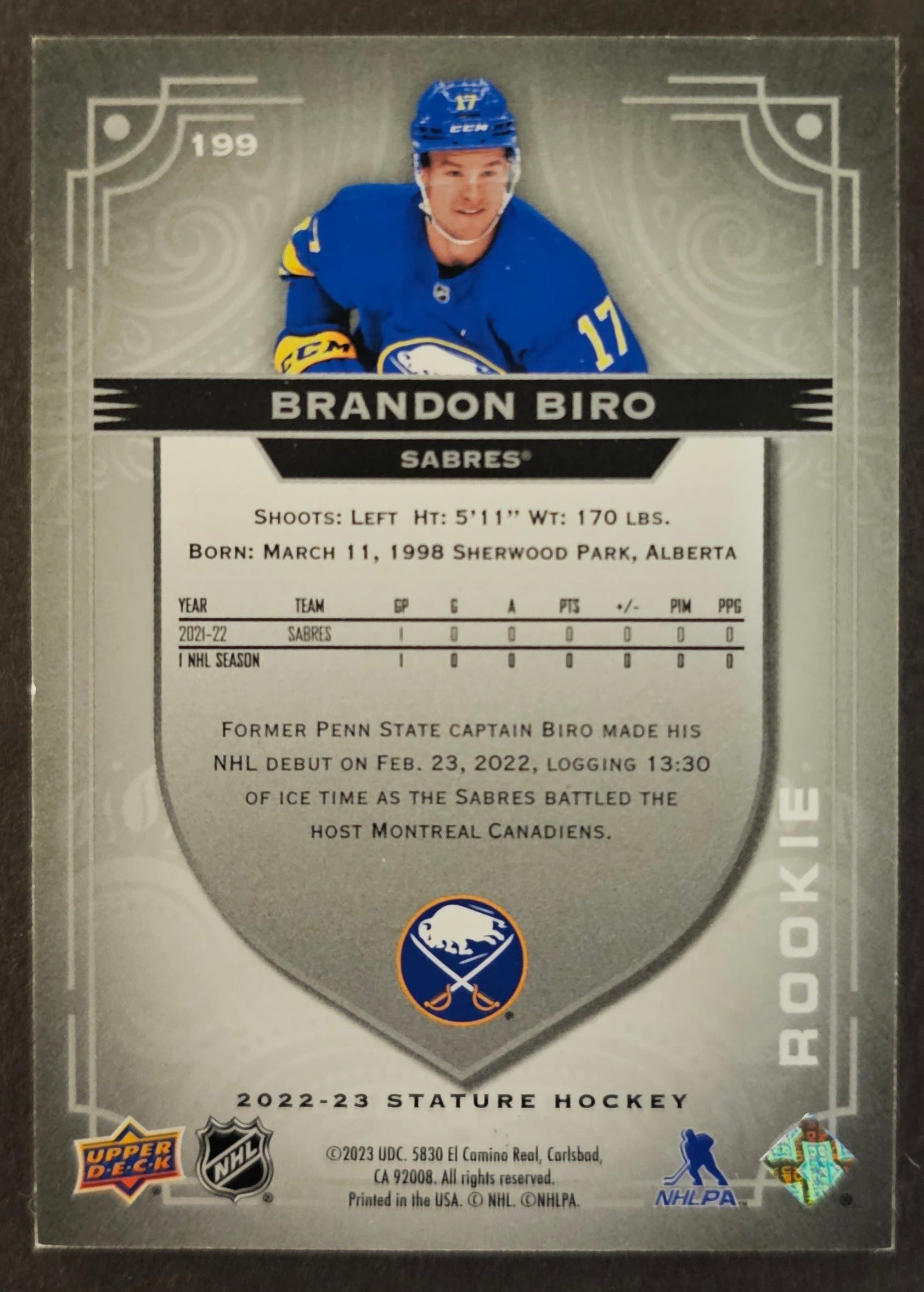 Brandon Biro Photo Variant Rookie /99 - 2022/23 Stature