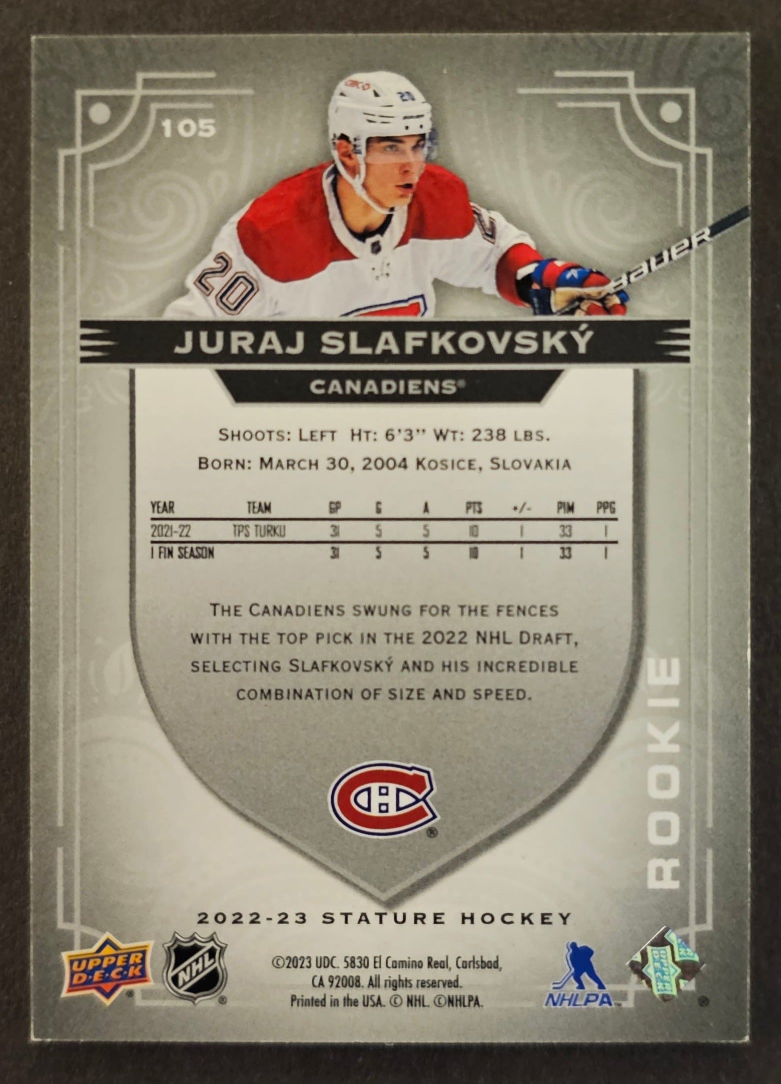 Juraj Slafkovsky Rookie Design-Photo Varaint /99 - 2022/23 Stature