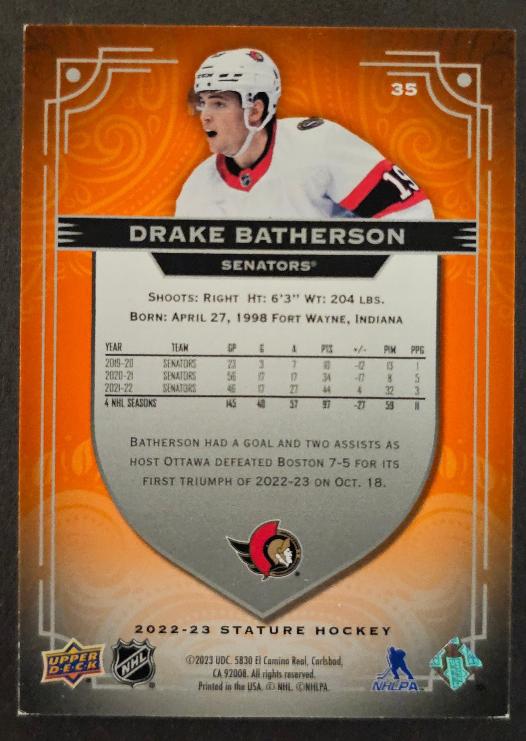 Drake Batherson Photo Variant Orange /25 - 2022/23 Stature