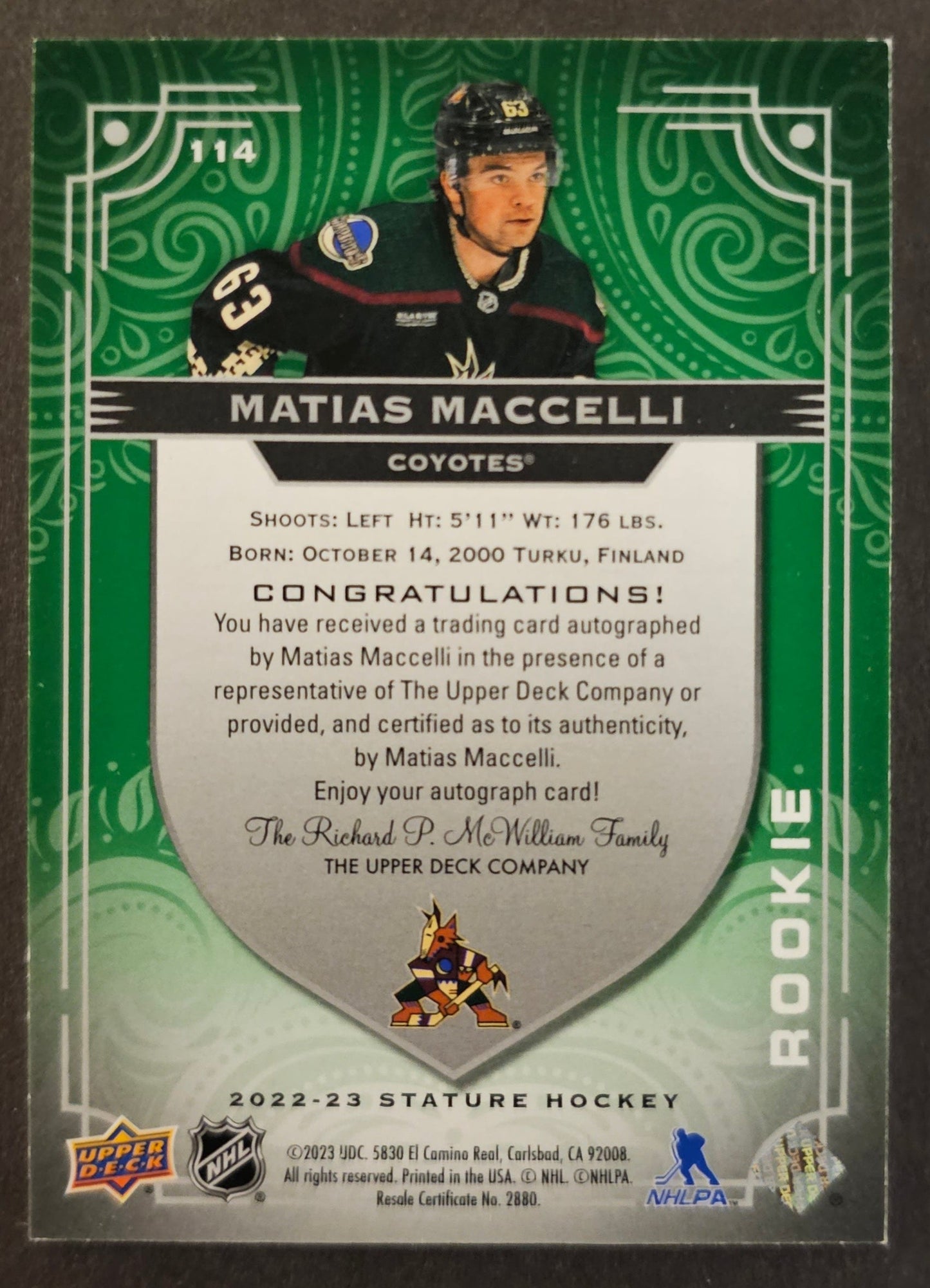 Matias Maccelli Rookie Auto Green /65 - 2022/23 Stature