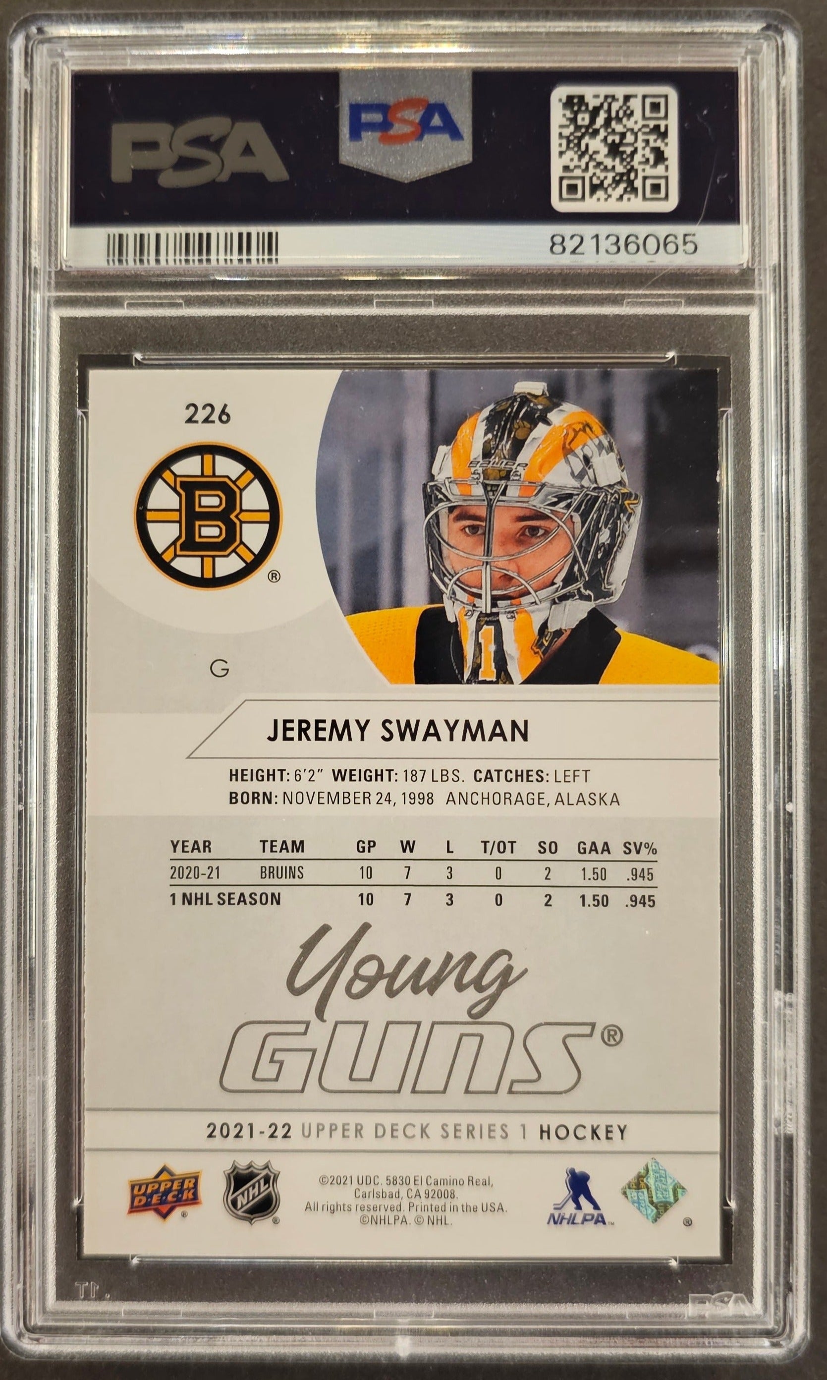 Jeremy Swayman Young Guns (Rookie) #226 Graded PSA 9 - 2021/22 Series 1