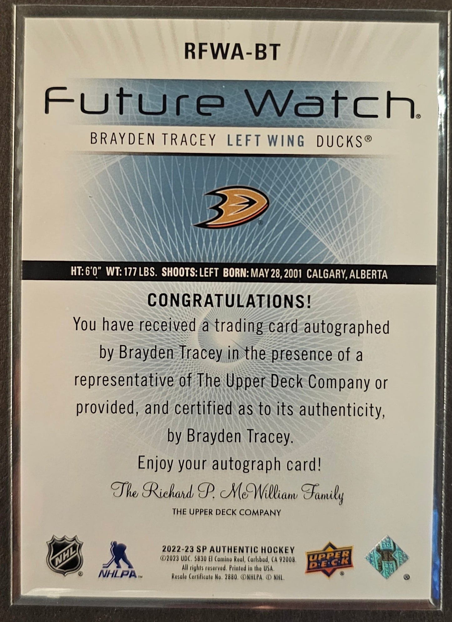 Brayden Tracey Retro Future Watch Auto - 2022/23 SP Authentic