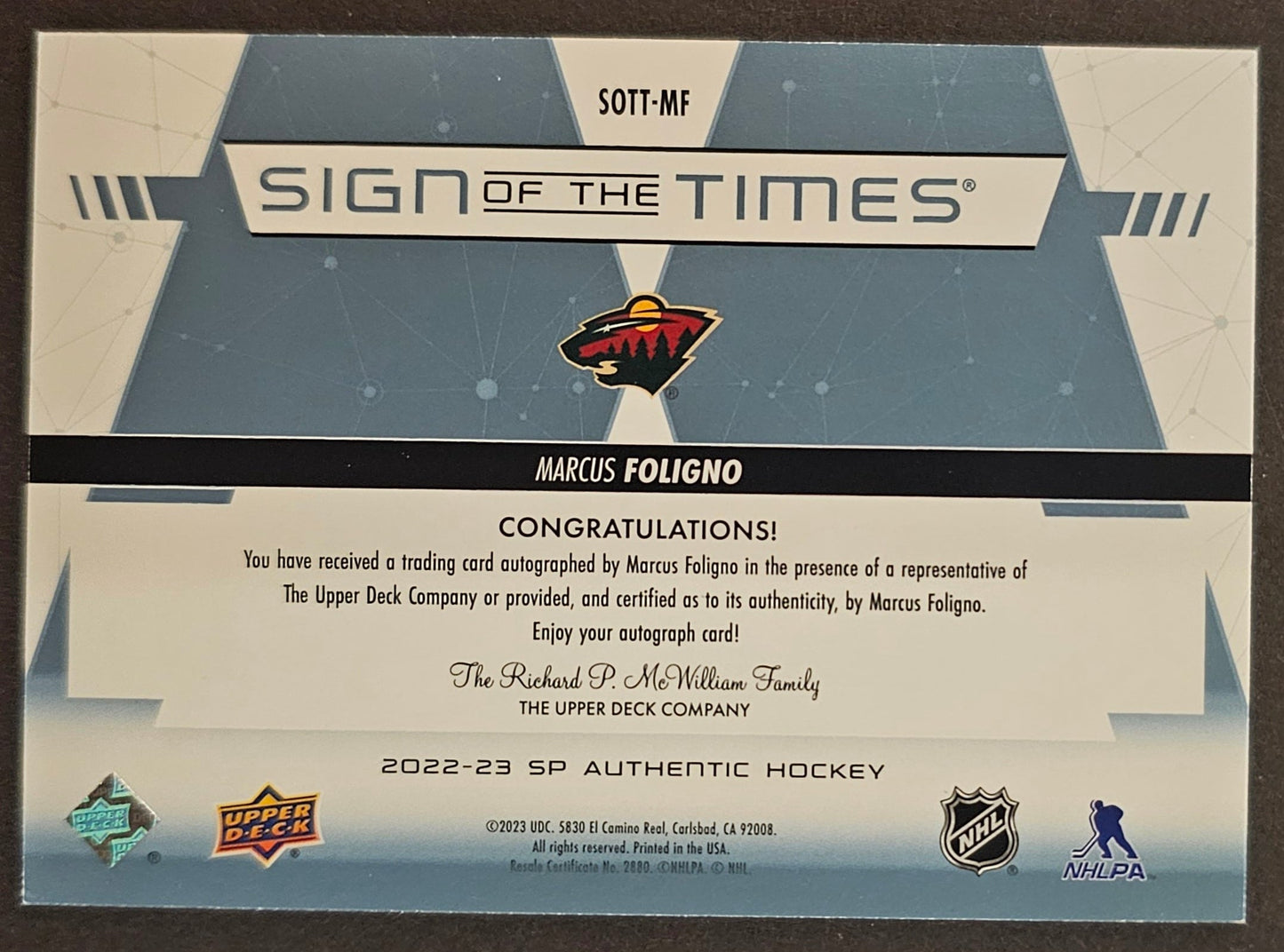 Marcus Foligno Sign Of The Times Auto - 2022/23 SP Authentic