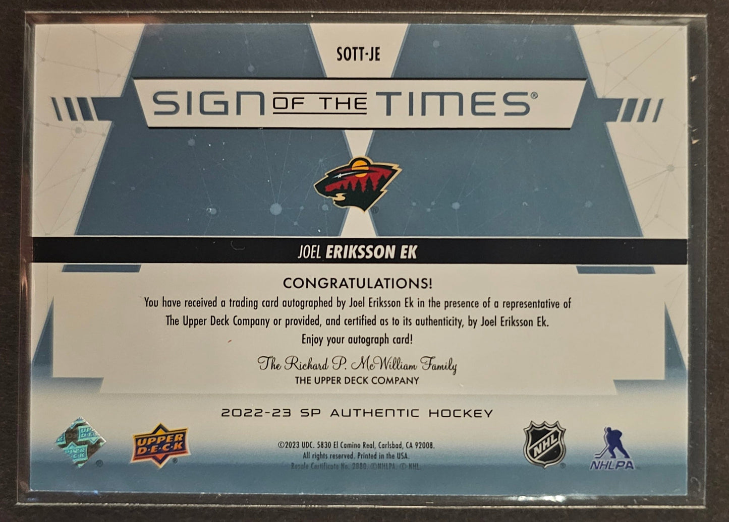 Joel Eriksson Ek Sign Of The Times Auto - 2022/23 SP Authentic