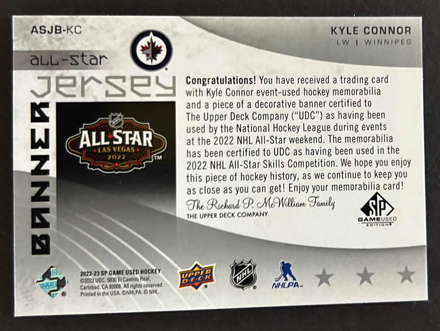 Kyle Connor All Star Jersey Banner - 2022/23 SP Game Used