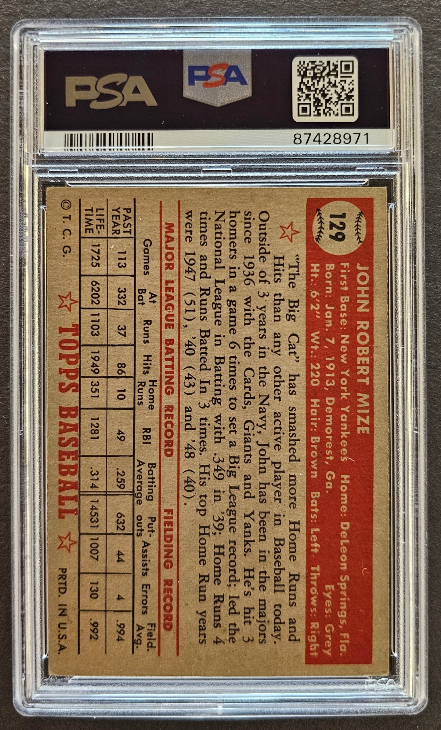 Johnny Mize #129 Graded PSA 5 - 1952 Topps