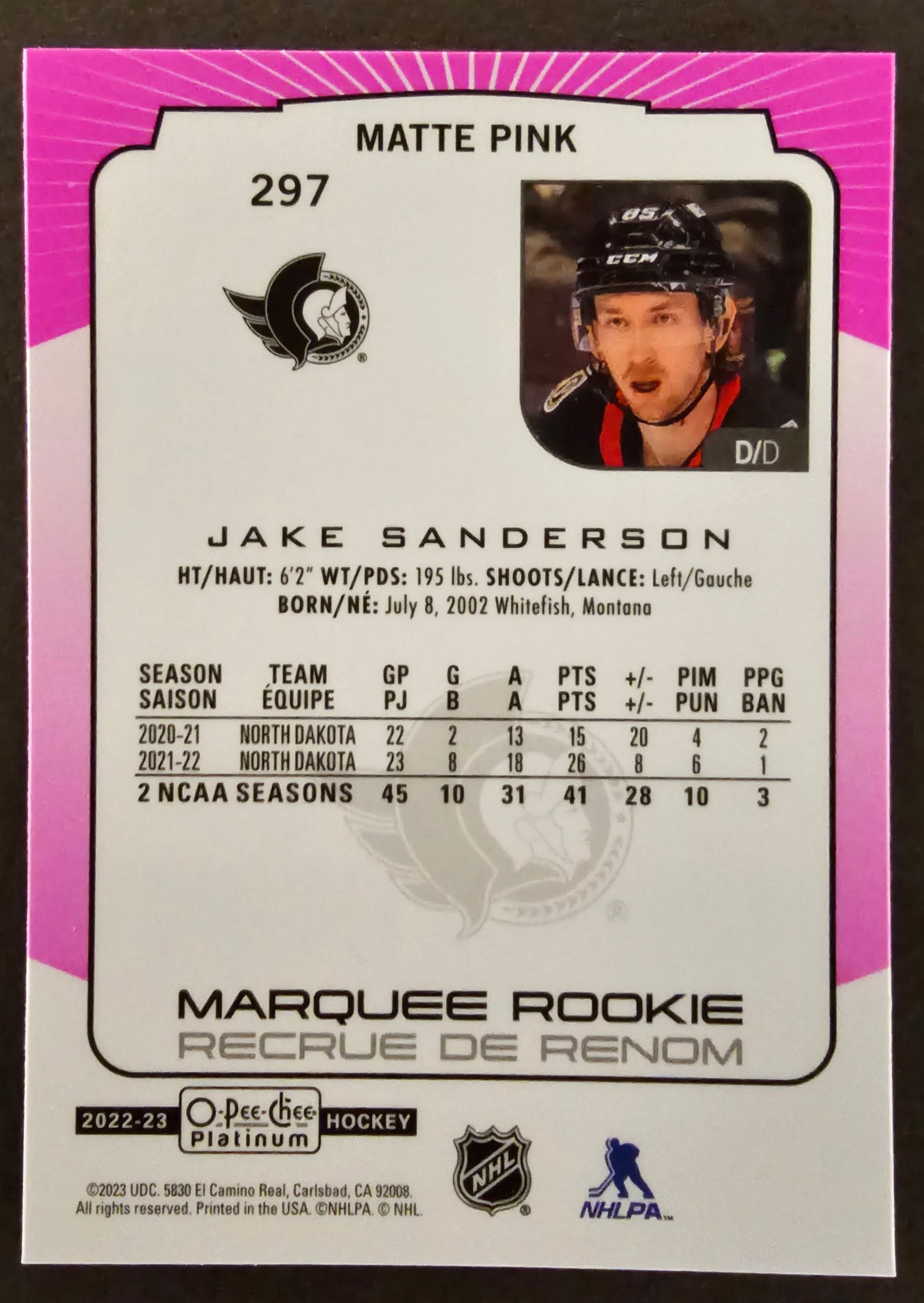 Jake Sanderson Marquee Rookie Matte Pink - 2022/23 O-Pee-Chee Platinum