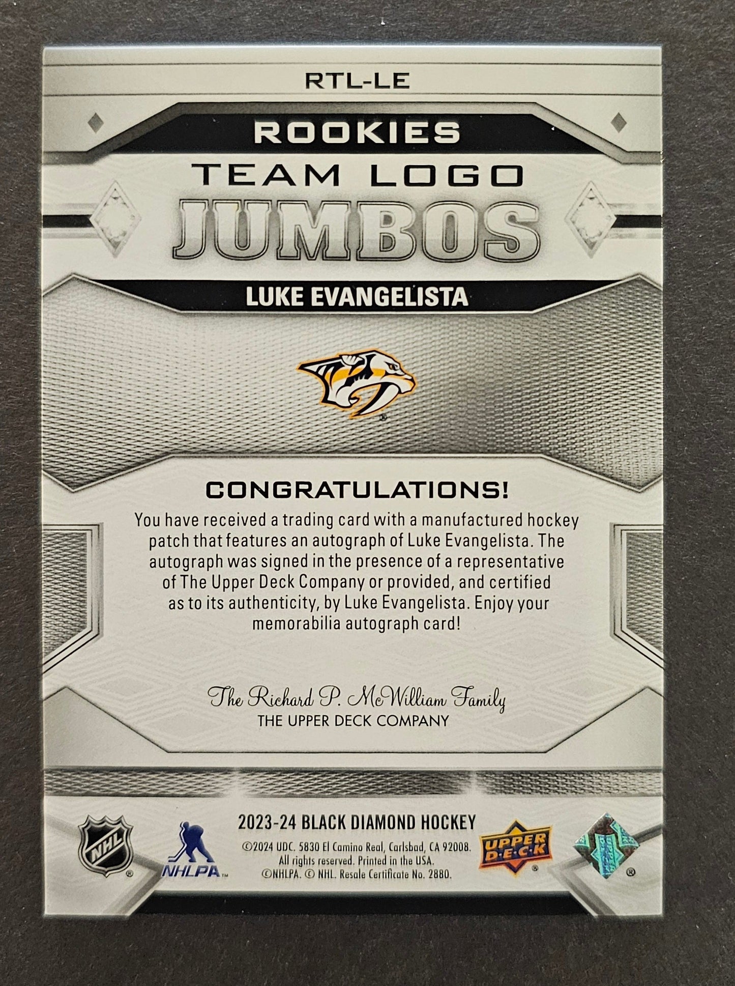 Luke Evangelista Rookie Team Logo Jumbos Auto /49 - 2023/24 Black Diamond