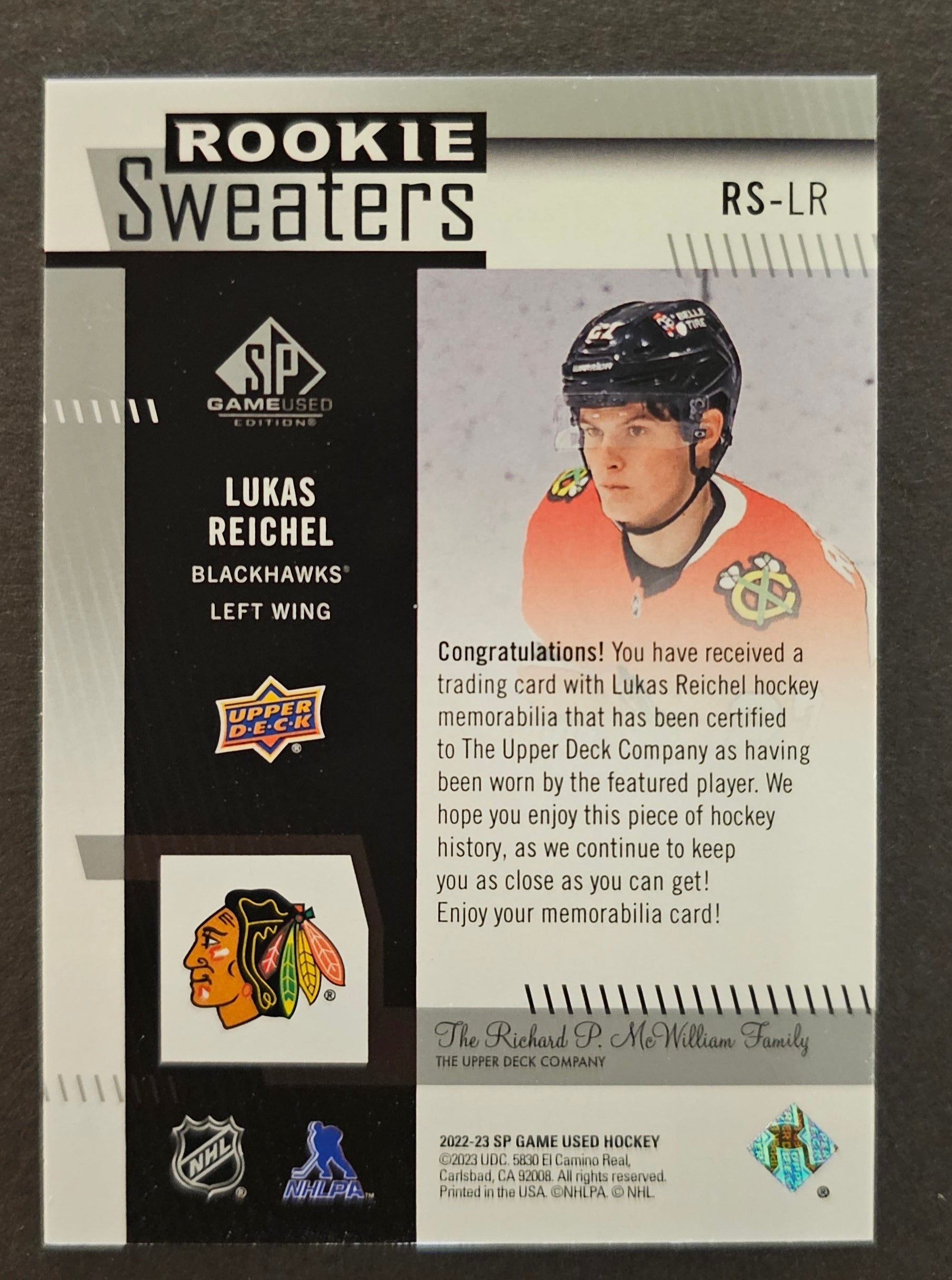 Lukas Reichel Rookie Sweaters Jersey - 2022/23 SP Game Used