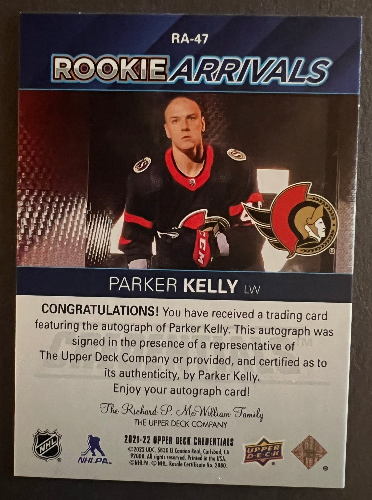 Parker Kelley Rookie Arrivals Auto - 2021/22 Credentials