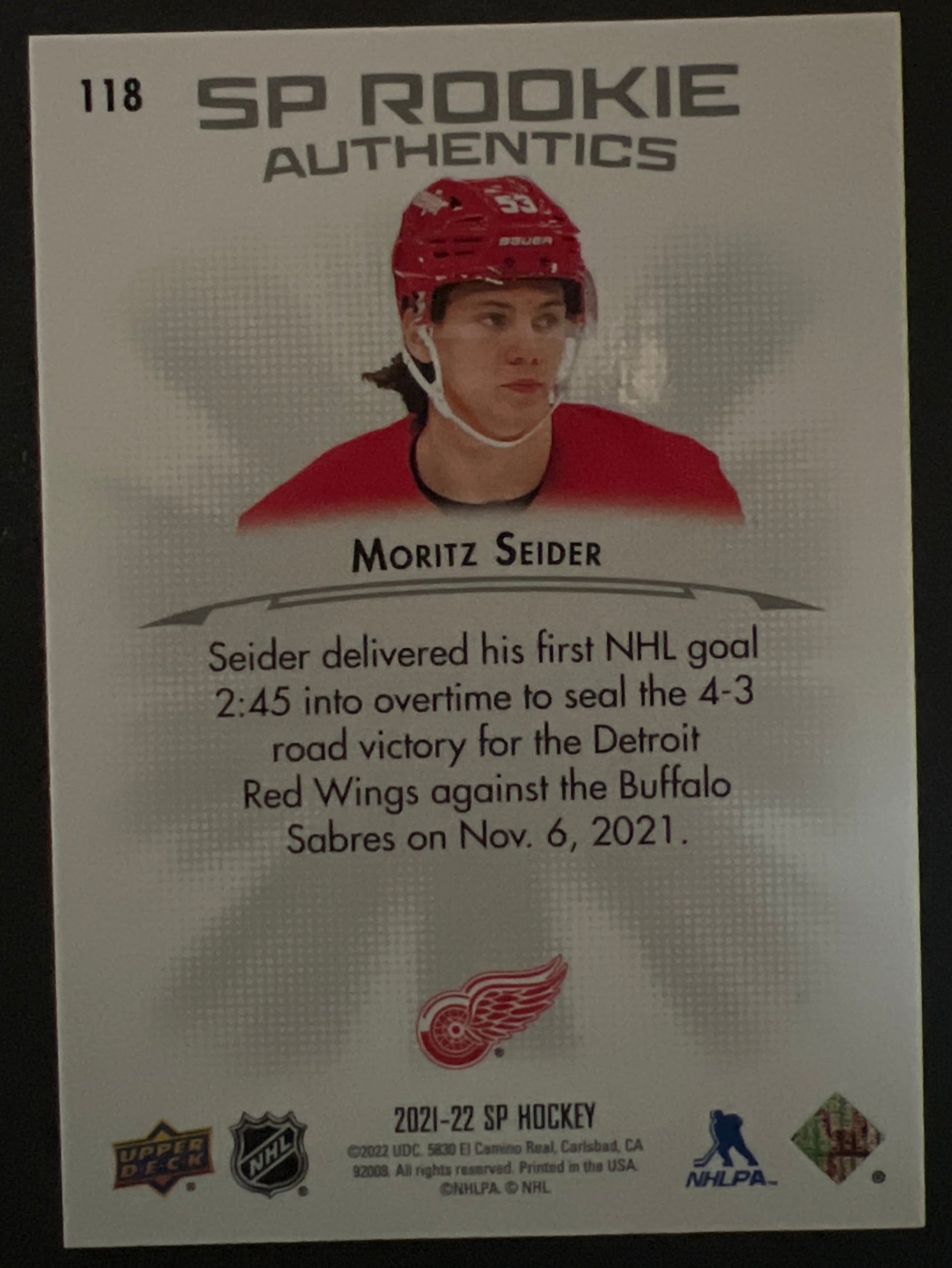 Moritz Seider SP Rookie Authentics /1199 - 2021/22 SP Authentic