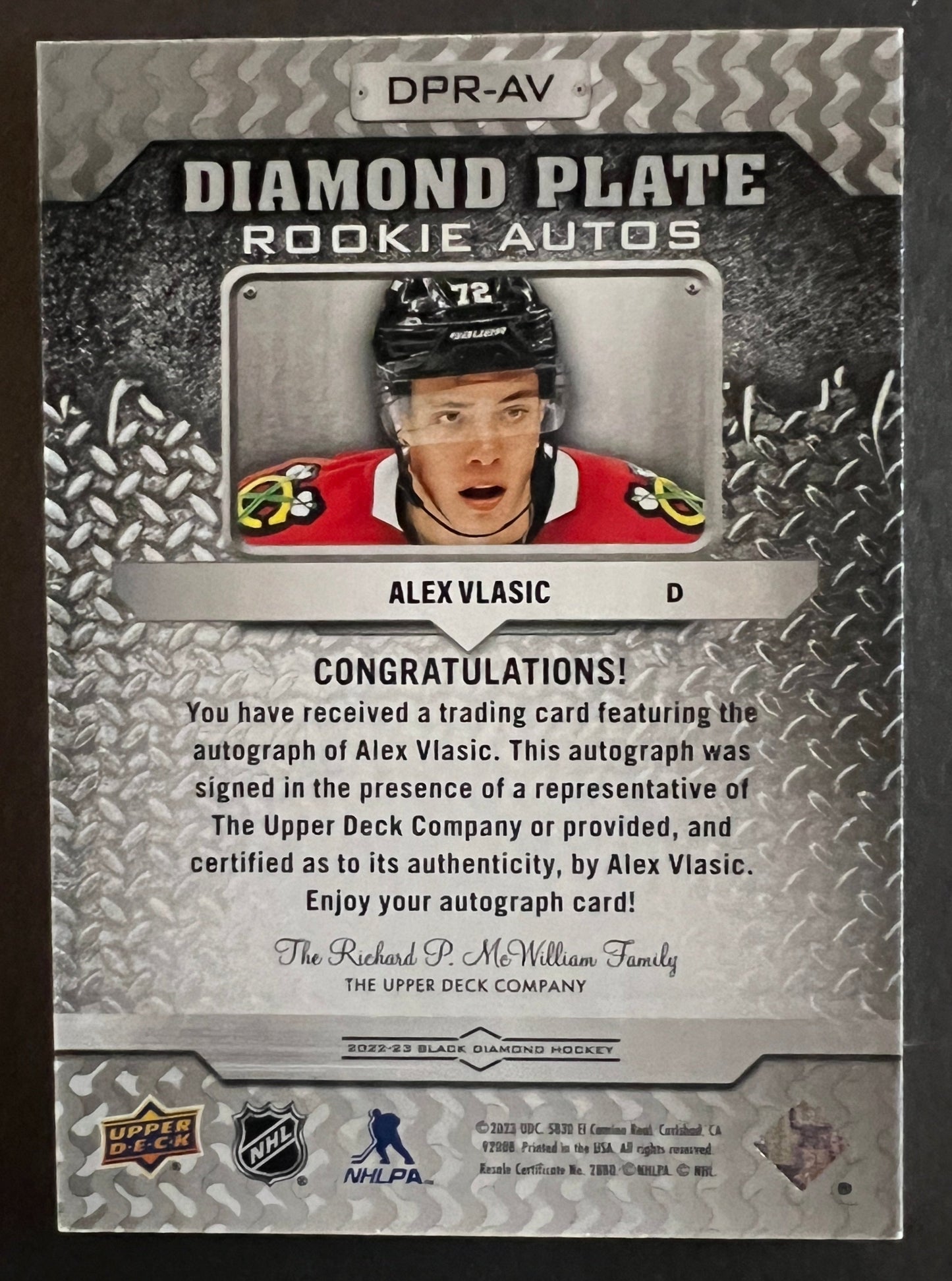 Alex Vlasic Diamond Plate Rookie Auto /149 - 2022/23 Black Diamond