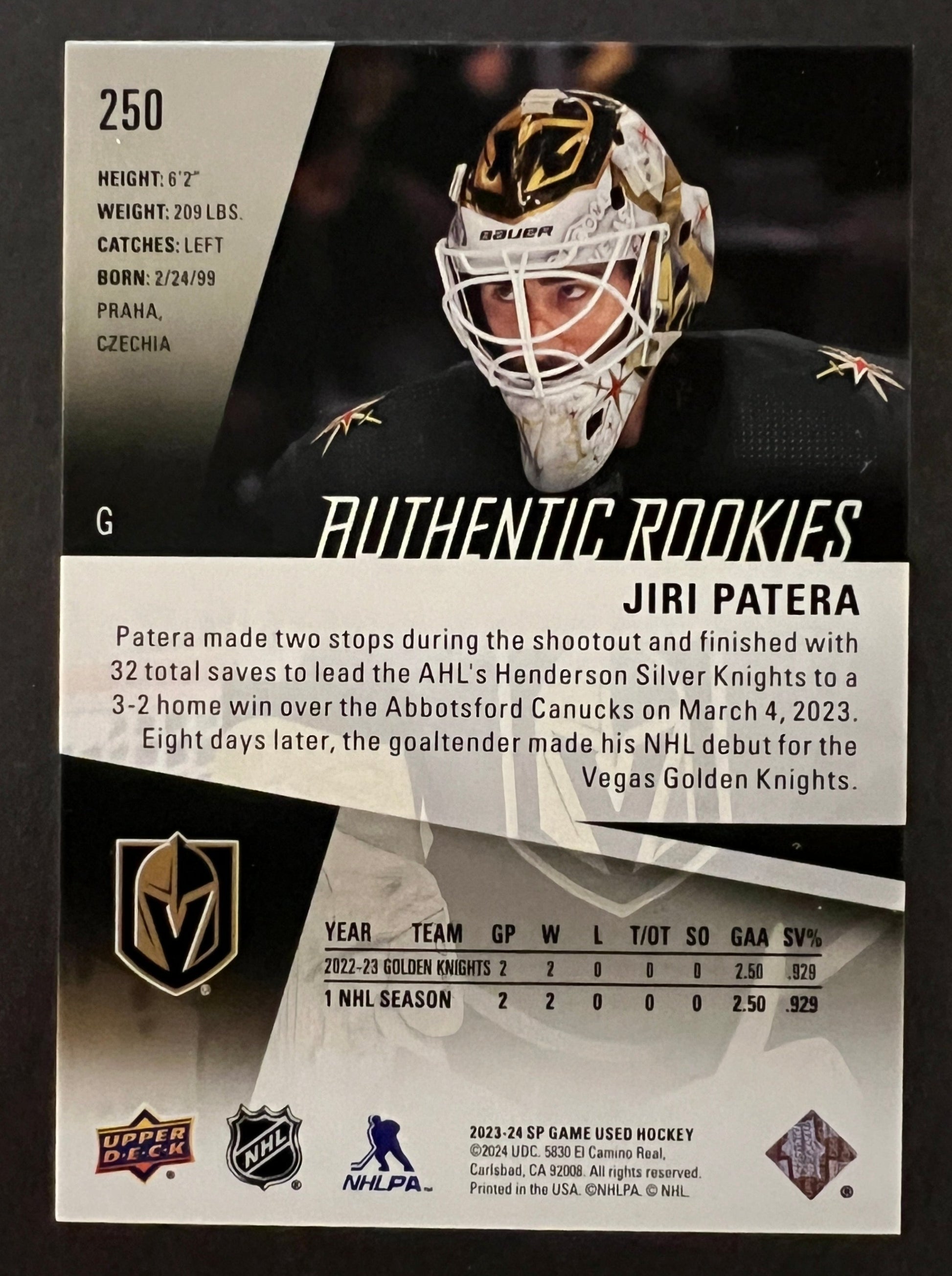 Jiri Patera Authentic Rookies /117 - -2023/24 SP Game Used