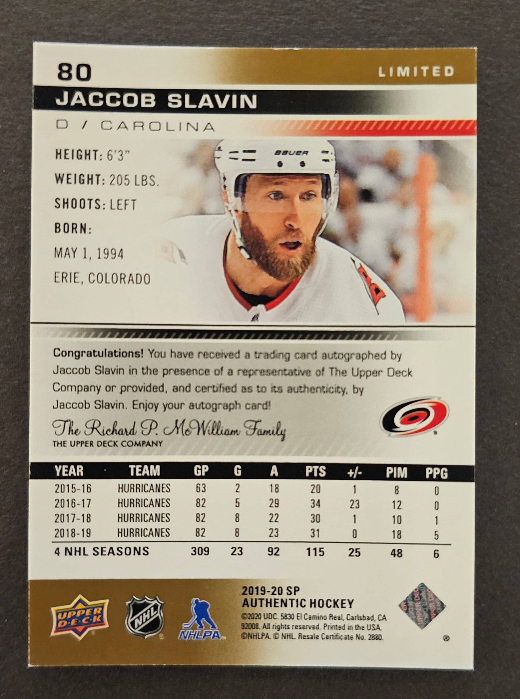 Jaccob Slavin Limited Auto Short Print - 2019/20 SP Authentic