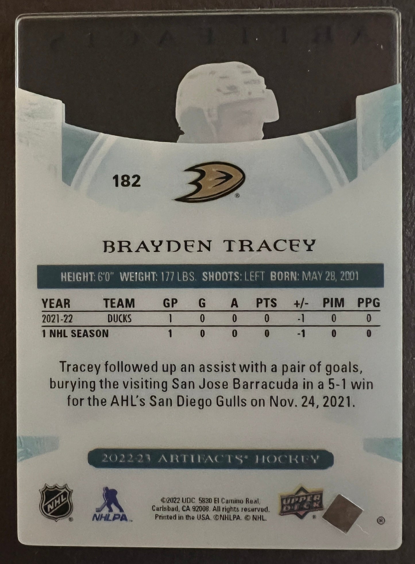 Brayden Tracey Artifacts Rookie Plexi - 2022/23 Artifacts