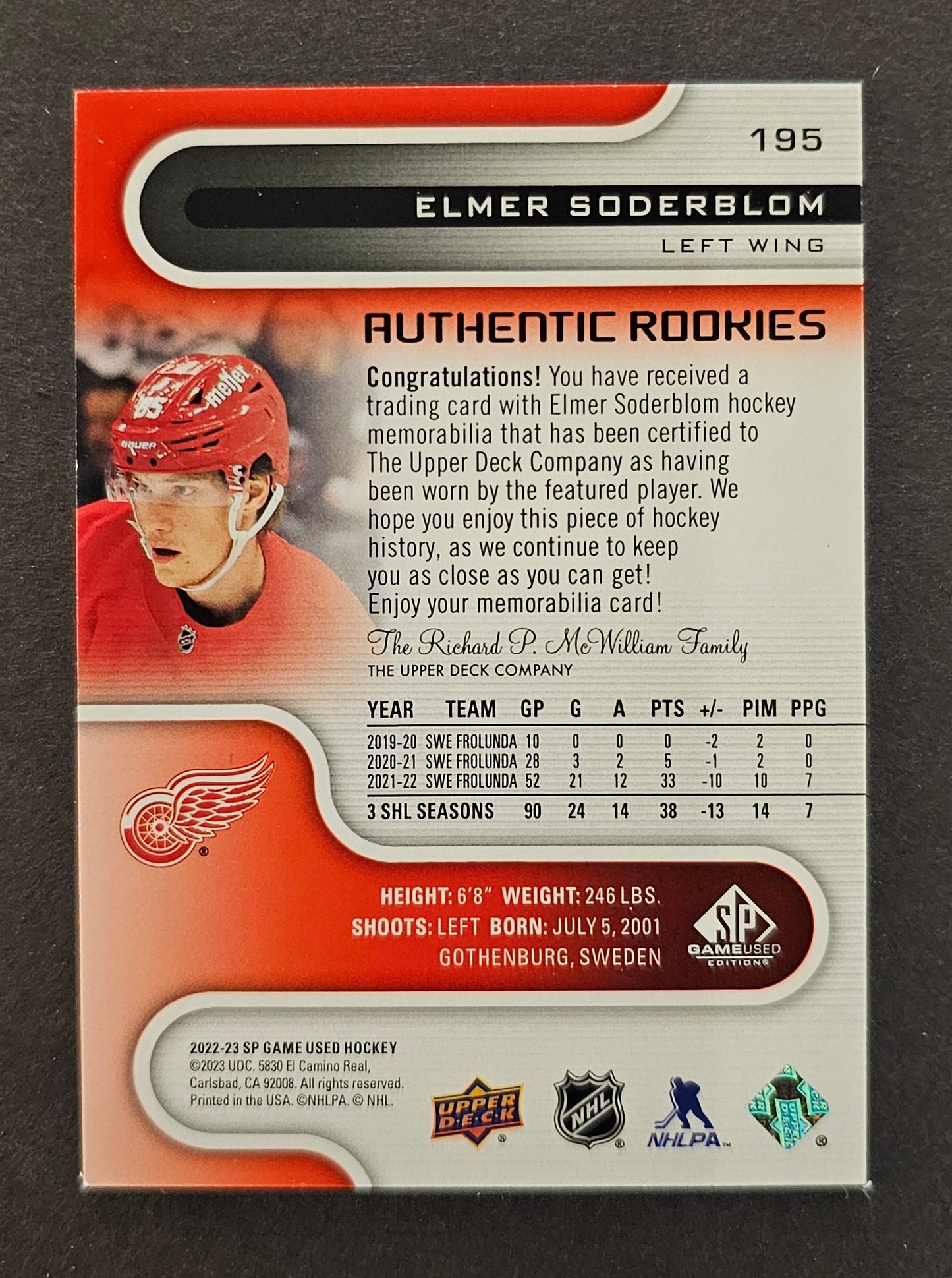 Elmer Soderblom Authentic Rookies Jersey - 2022/23 SP Game Used