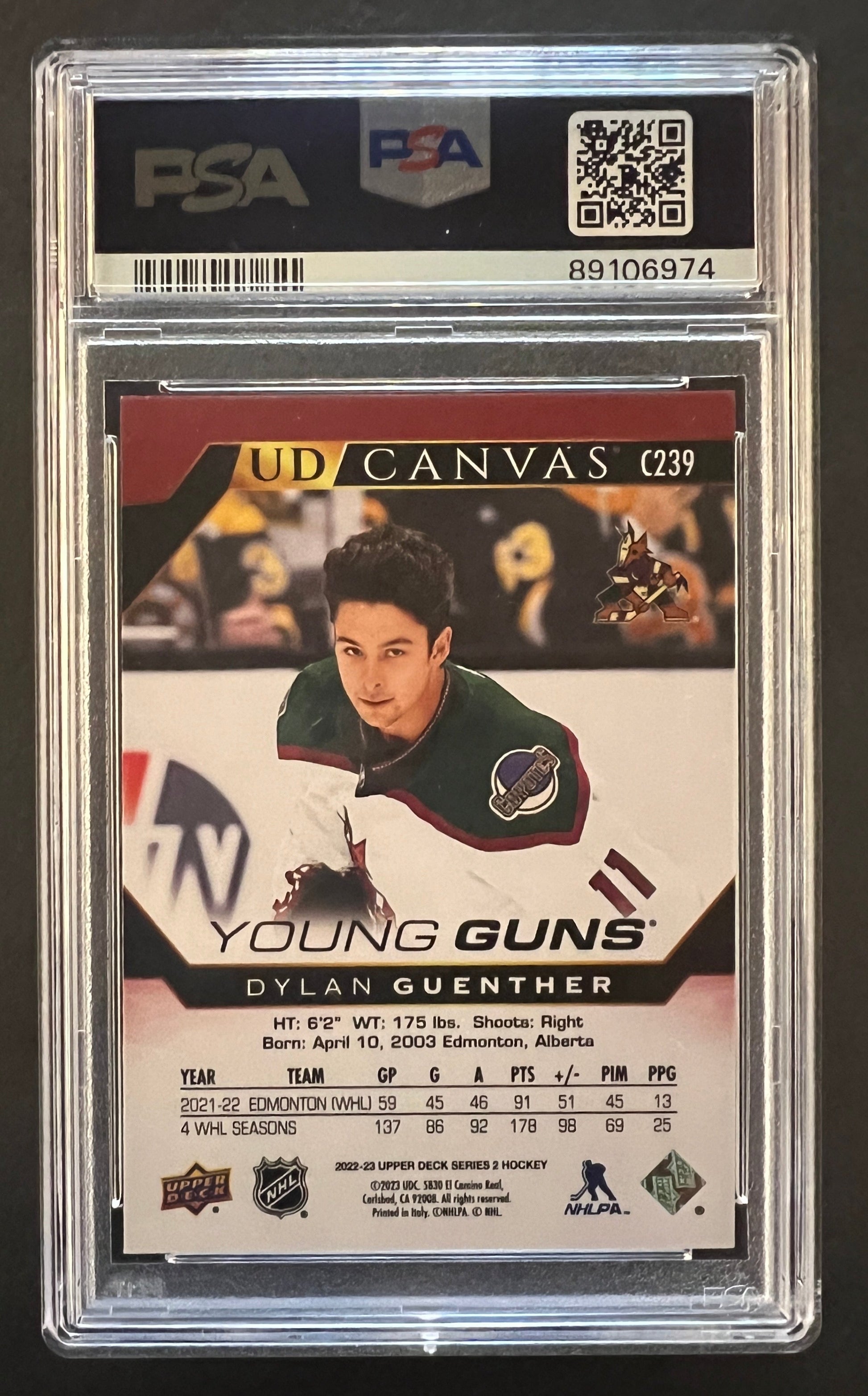 Dylan Guenther Young Guns Rookie UD Canvas #C239 - PSA 10 - 2022/23 Series 2